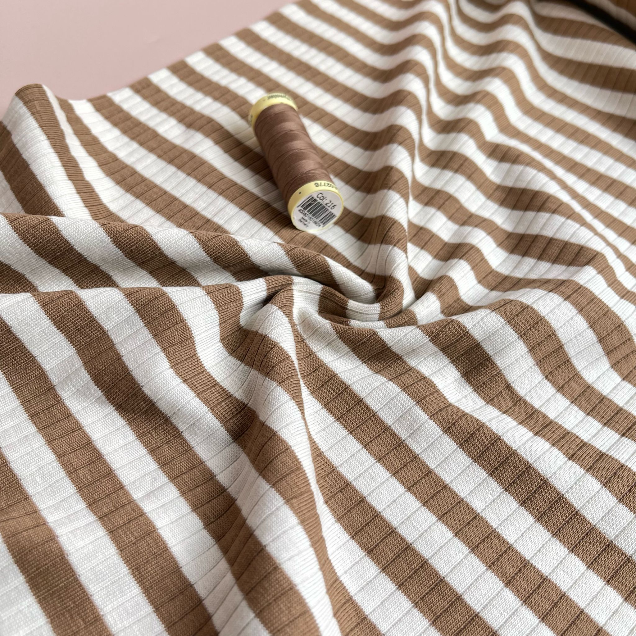 Yarn Dyed Striped Cotton Ribbed Jersey in Mocha Brown and White