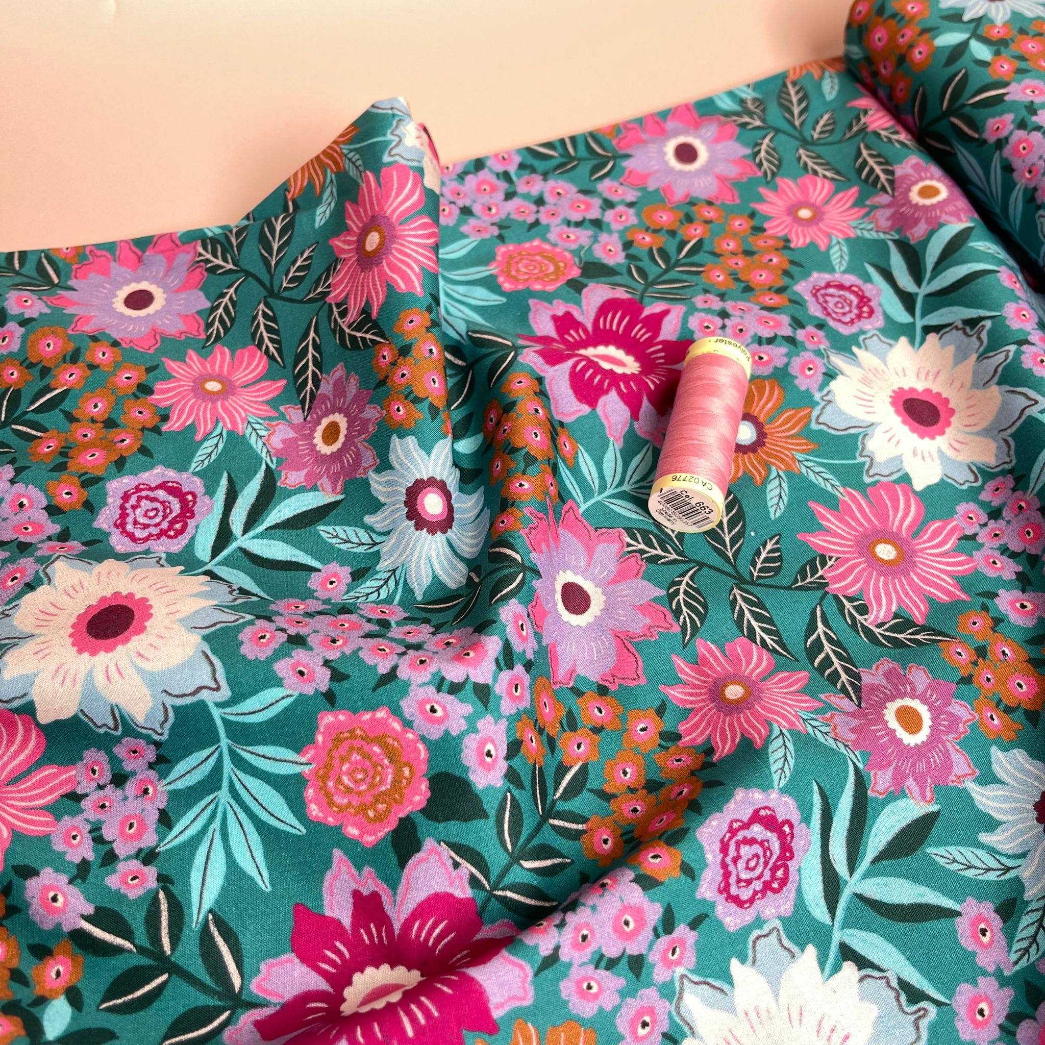 REMNANT 2.12 Metres - Flowers on Teal Cotton Poplin Fabric