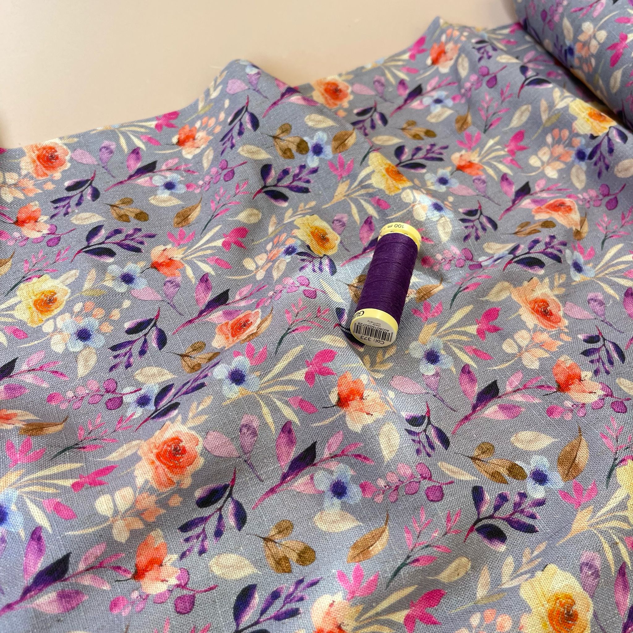 Purple Foliage on Lilac Viscose Linen Fabric