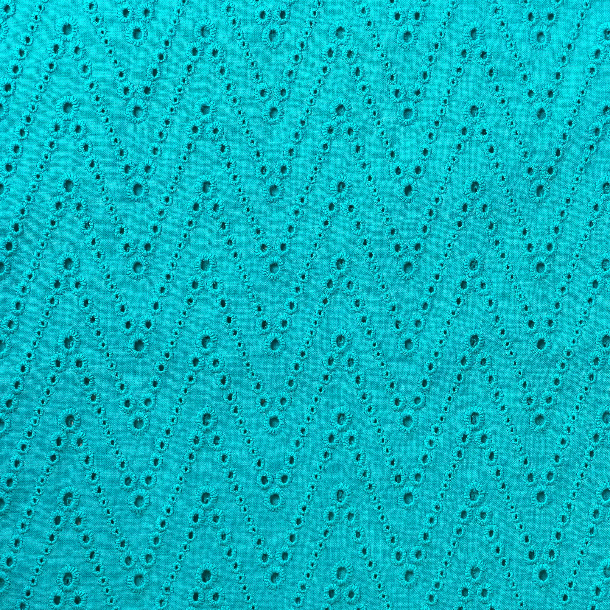 Embroidered Zig-Zags on Turquoise Cotton Broderie Anglaise Fabric