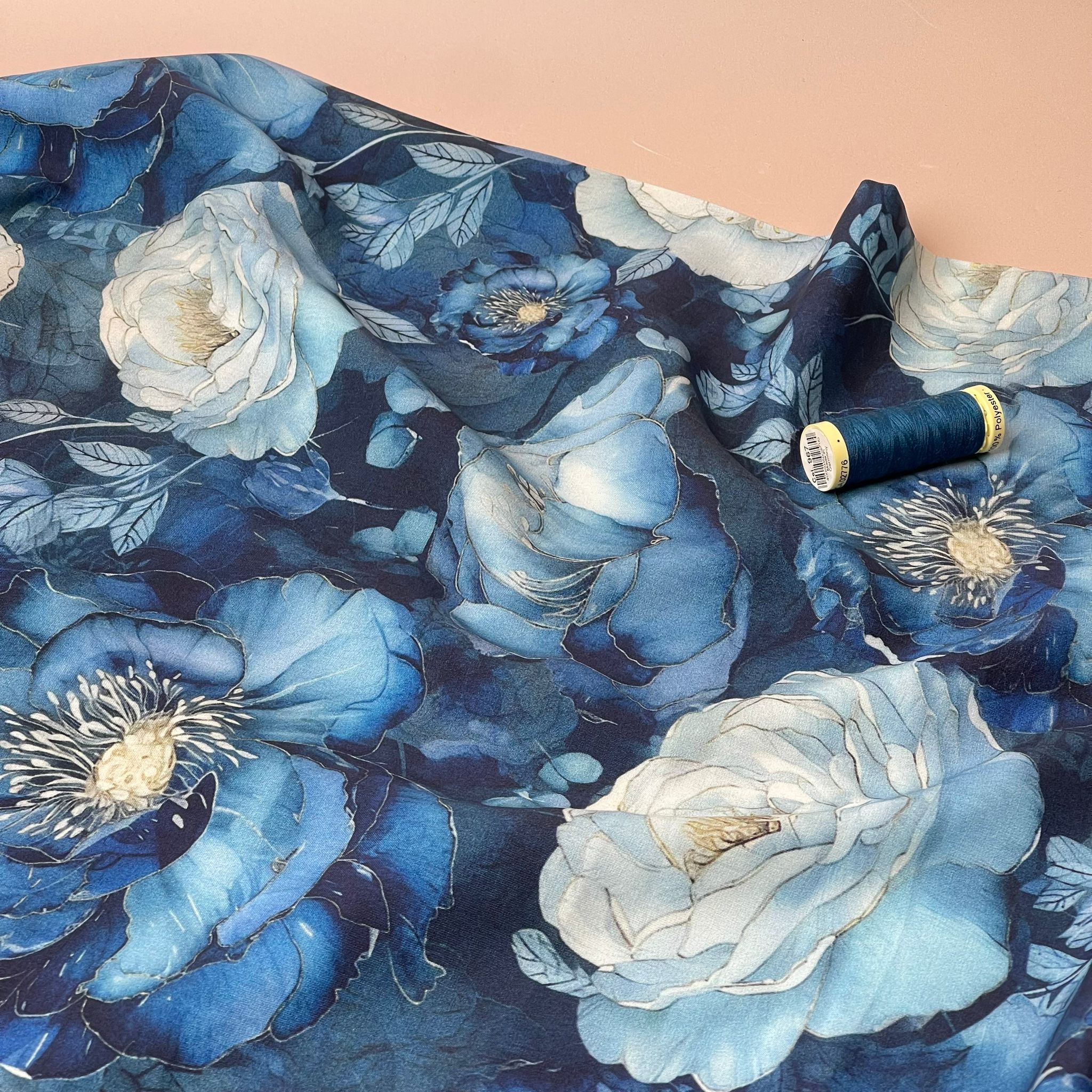 Peony Blooms on Blue Viscose Fabric