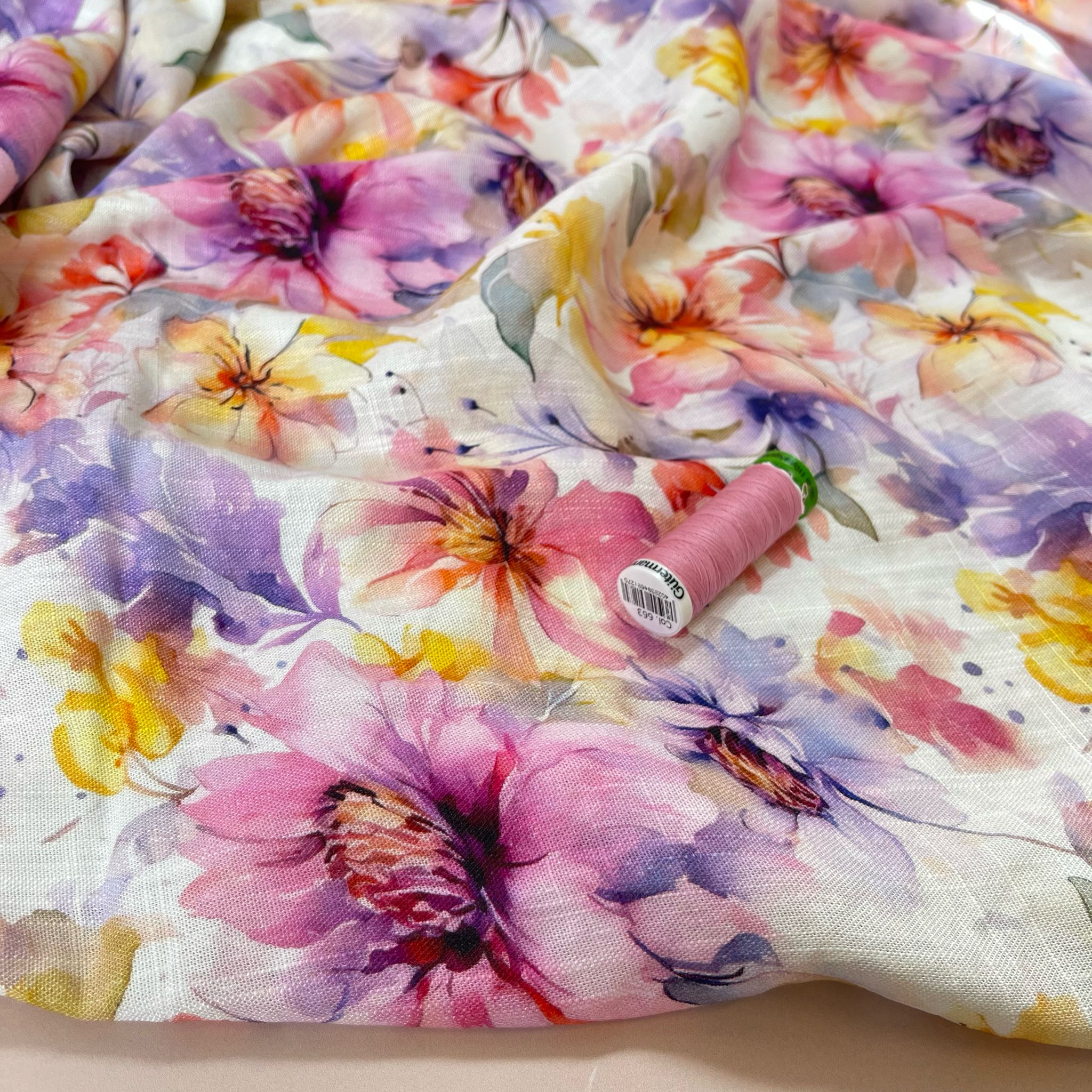 REMNANT 0.75 Metre - Watercolour Blooms Viscose Linen Fabric