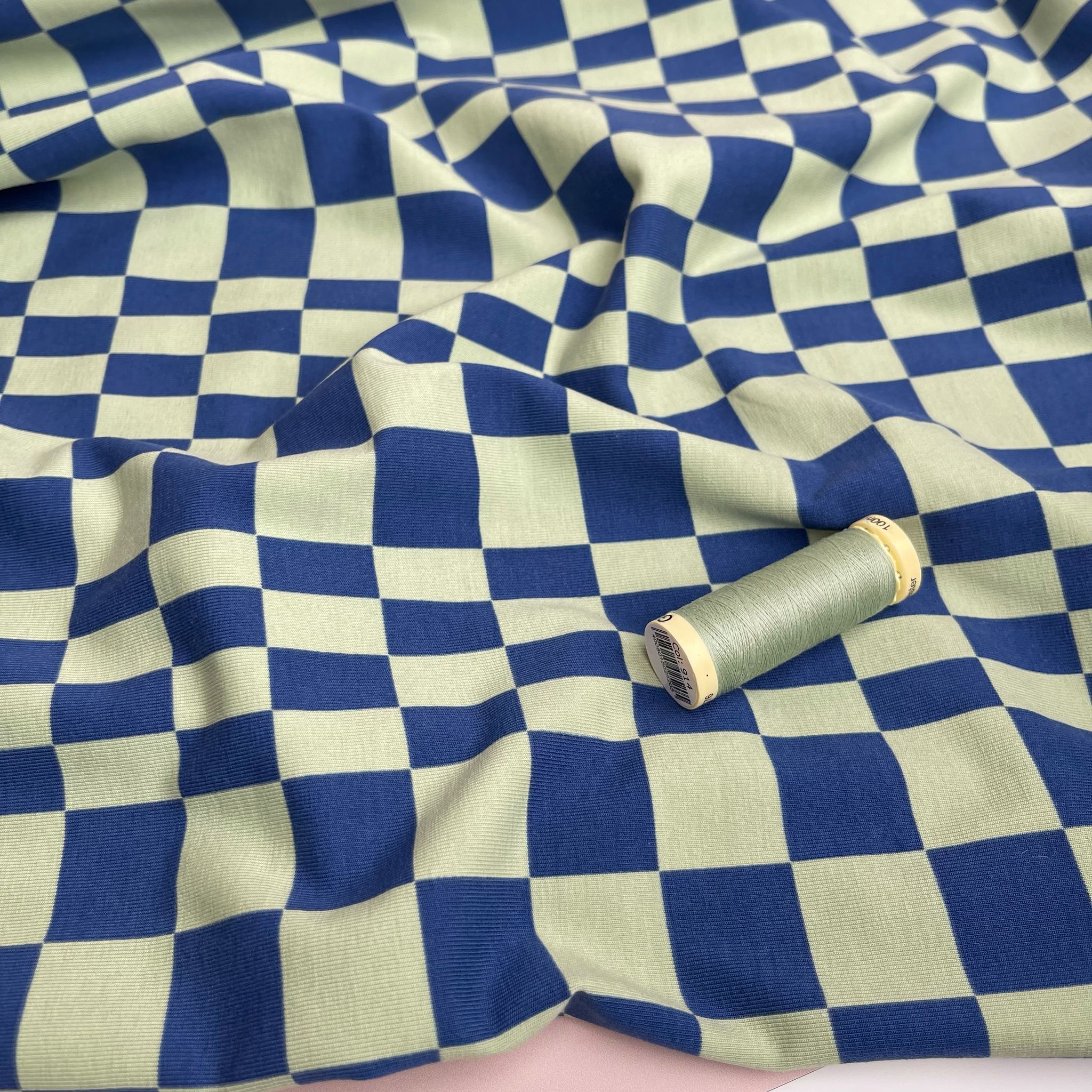 Checkers in Blue and Lime Green Cotton Jersey Fabric