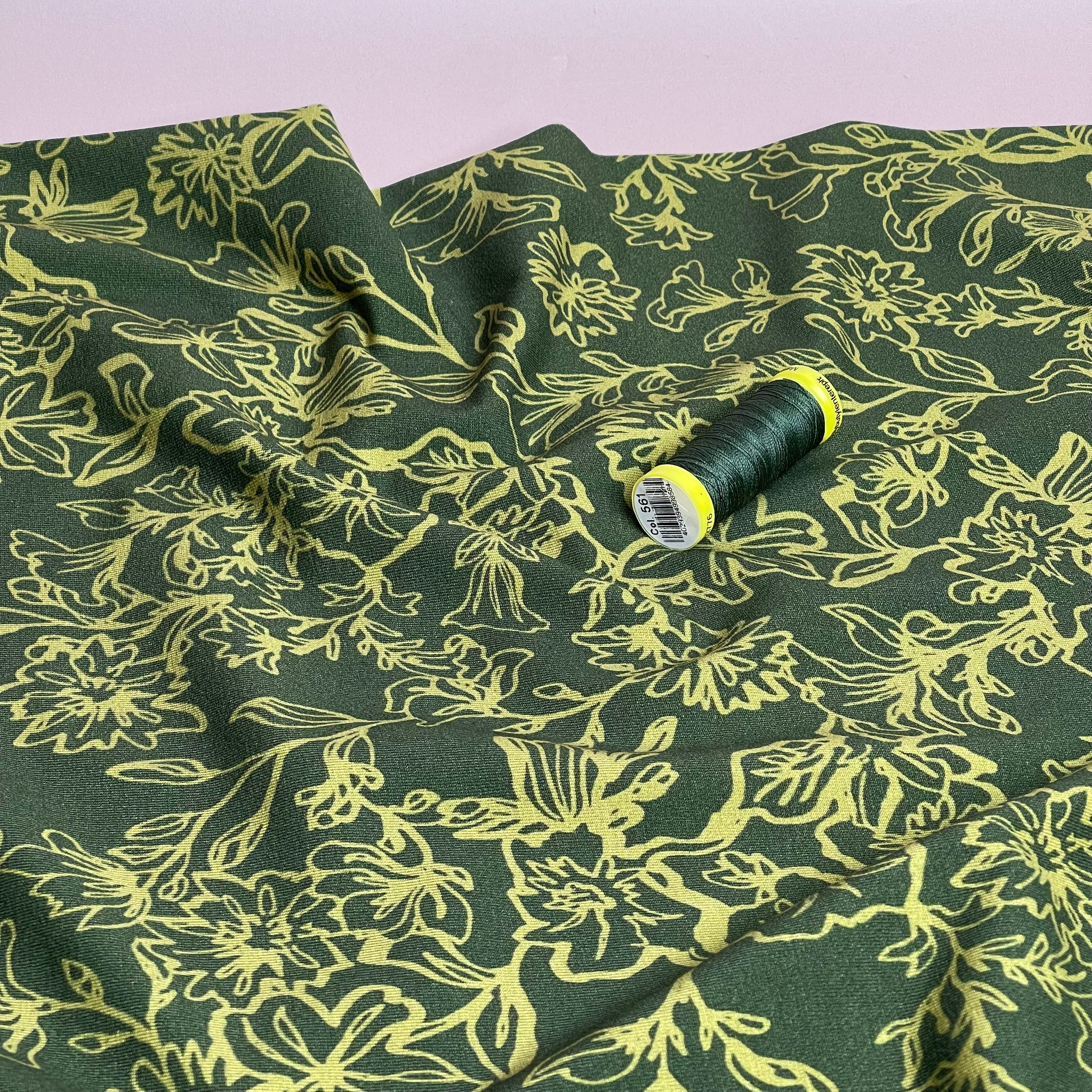 REMNANT 1.62 Metres - Danish Design - Lime Flowers on Green Cotton Jersey Fabric