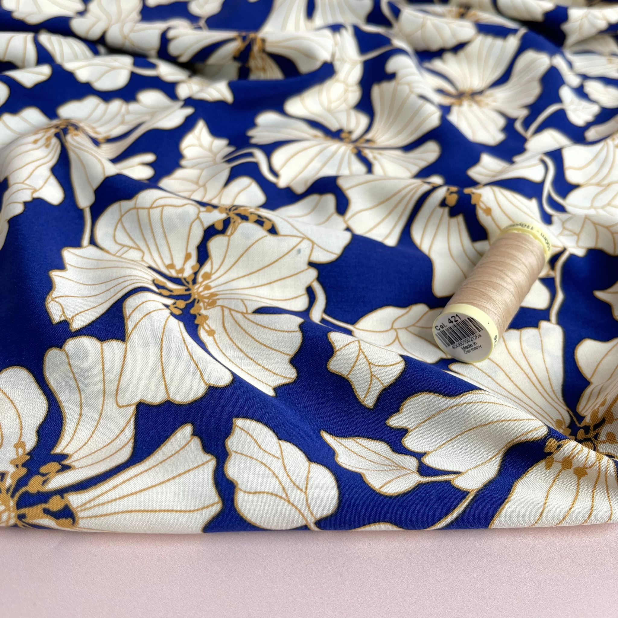 Golden Blooms on Cobalt Blue Viscose Fabric