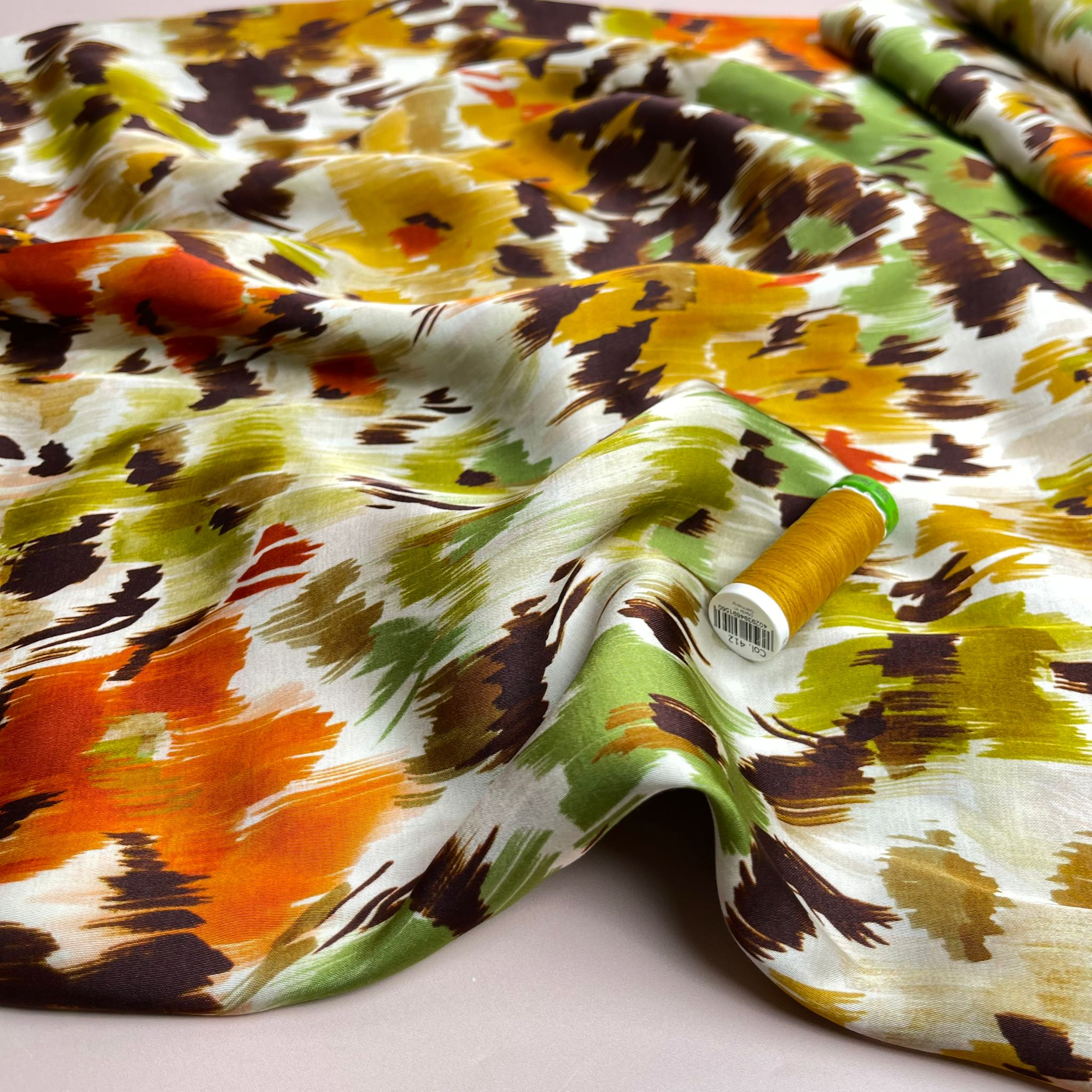 REMNANT 1.9 Metres - Abstract Flower Field Autumn Viscose Sateen Fabric