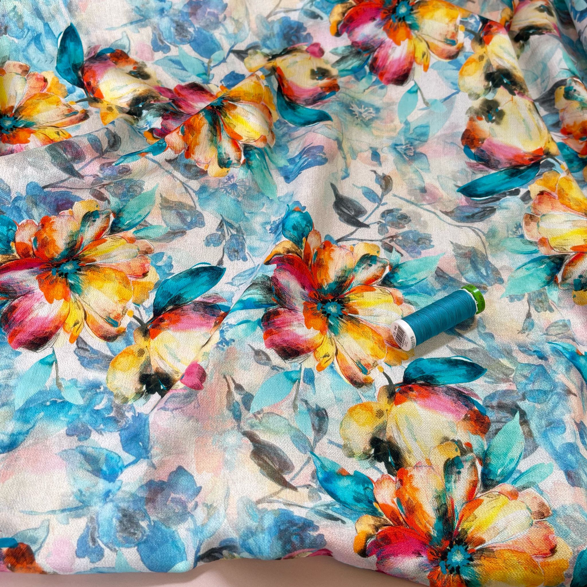 Watercolour Sunset Blooms on Turquoise Textured Viscose Fabric