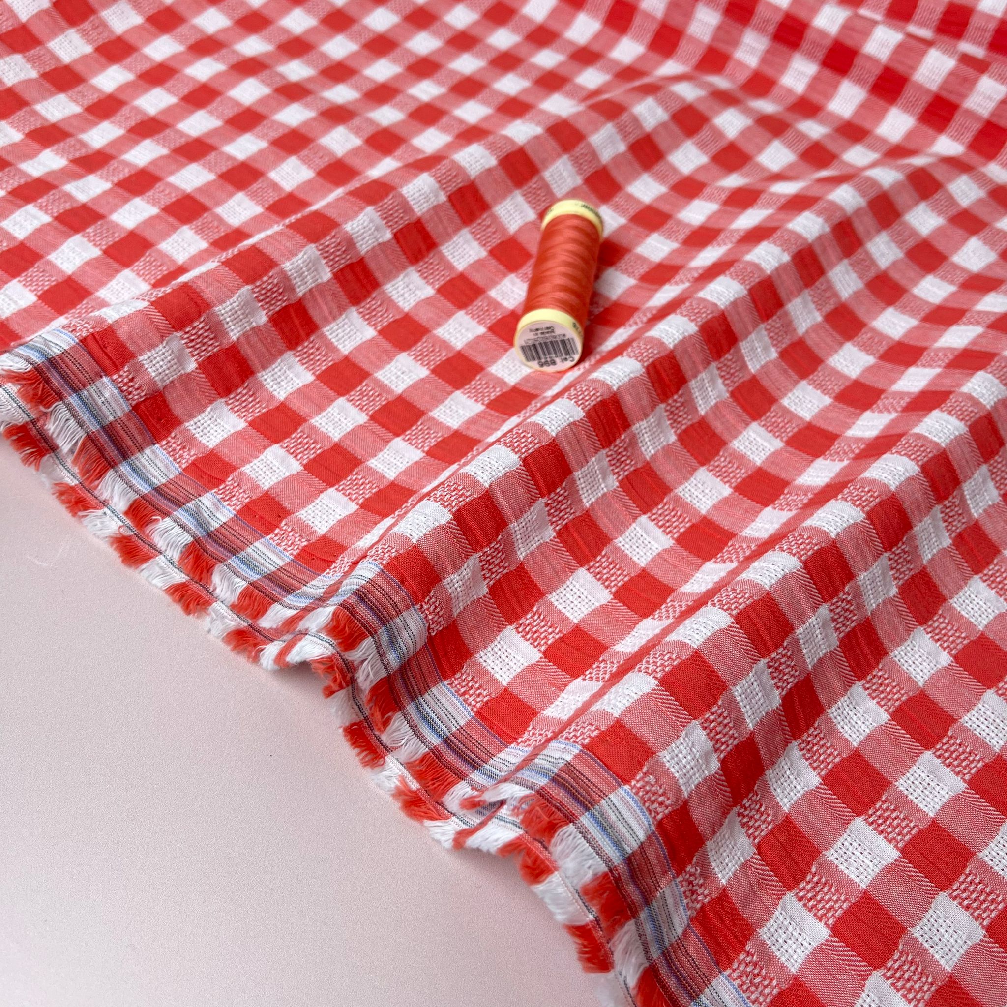 Coral Reef Gingham Cotton Seersucker Fabric