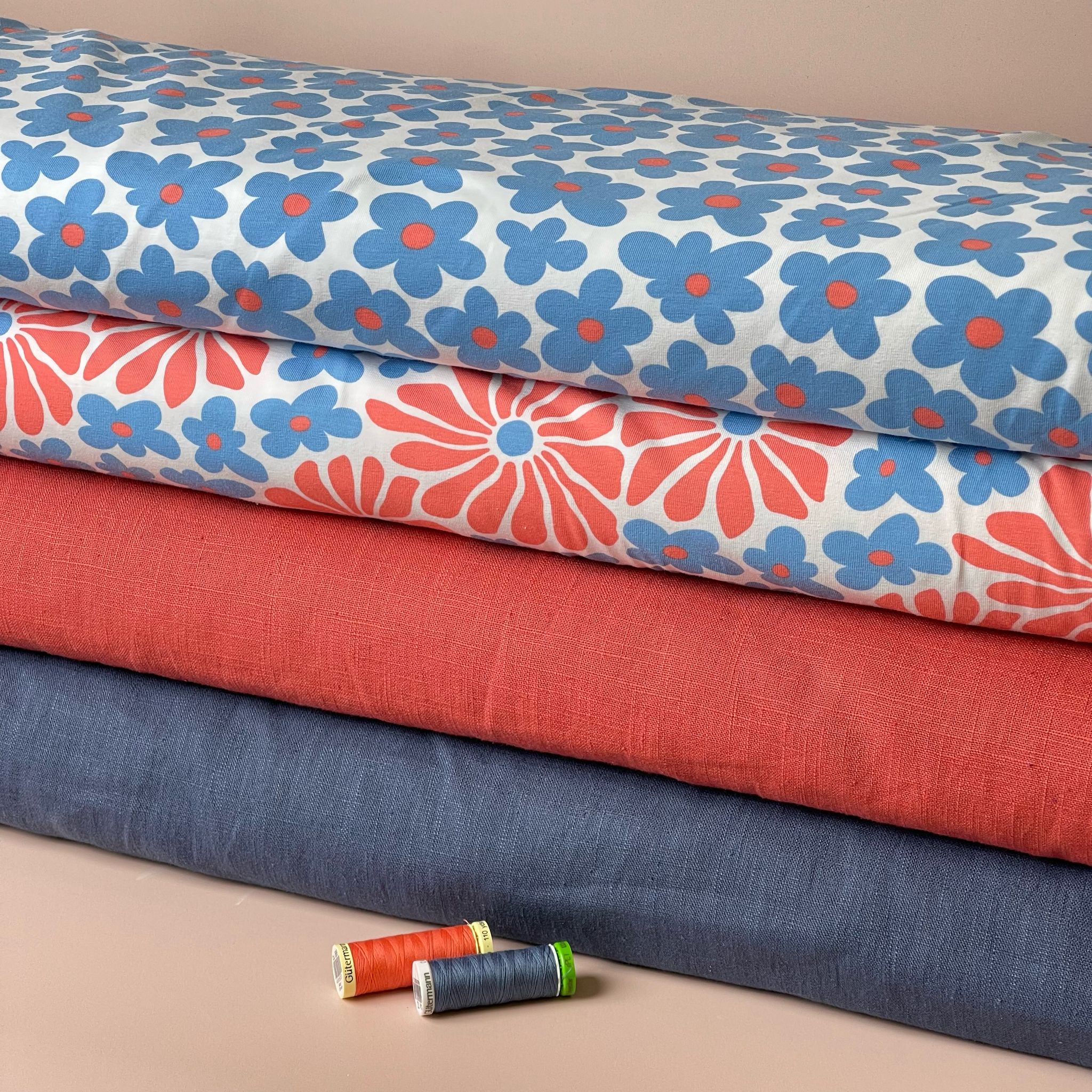 Fun Flowers in Blue Cotton Jersey Fabric