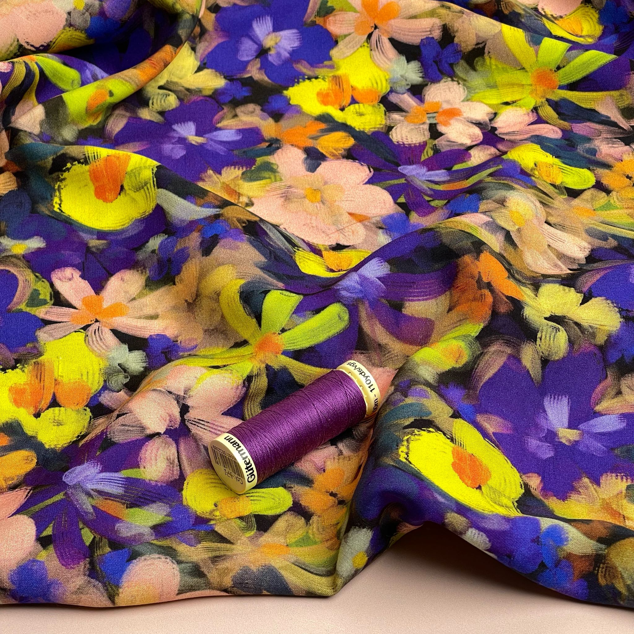 Purple and Yellow Florals Viscose Fabric