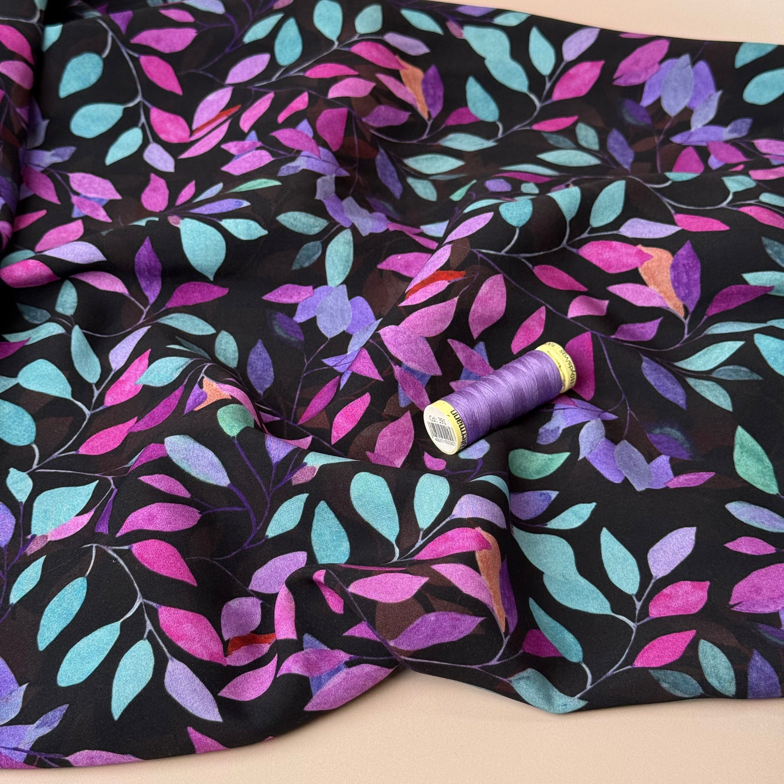 Petals on Black Viscose Fabric
