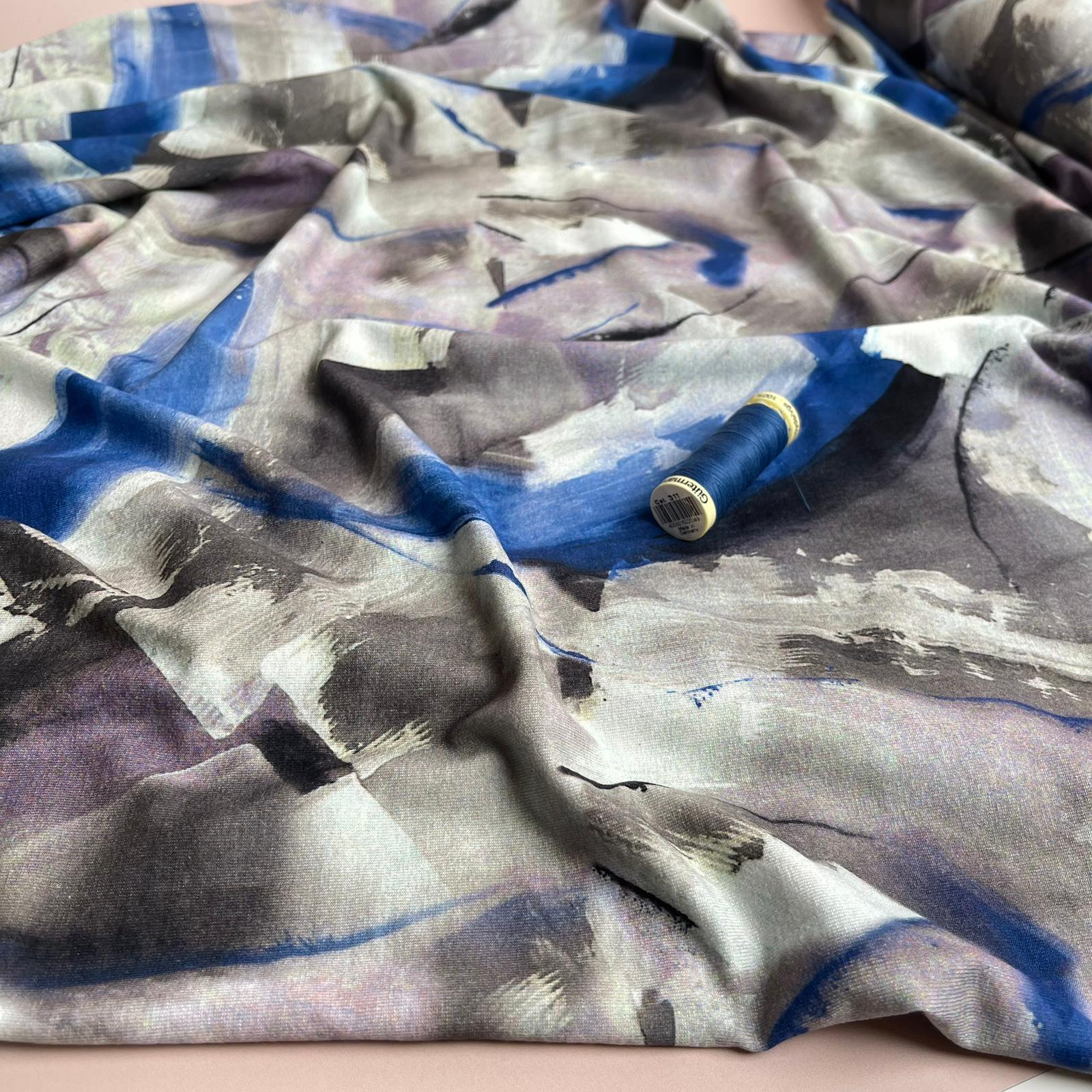 REMNANT 2.57 Metres - Abstract Painting in Cobalt and Grey Viscose Jersey Fabric
