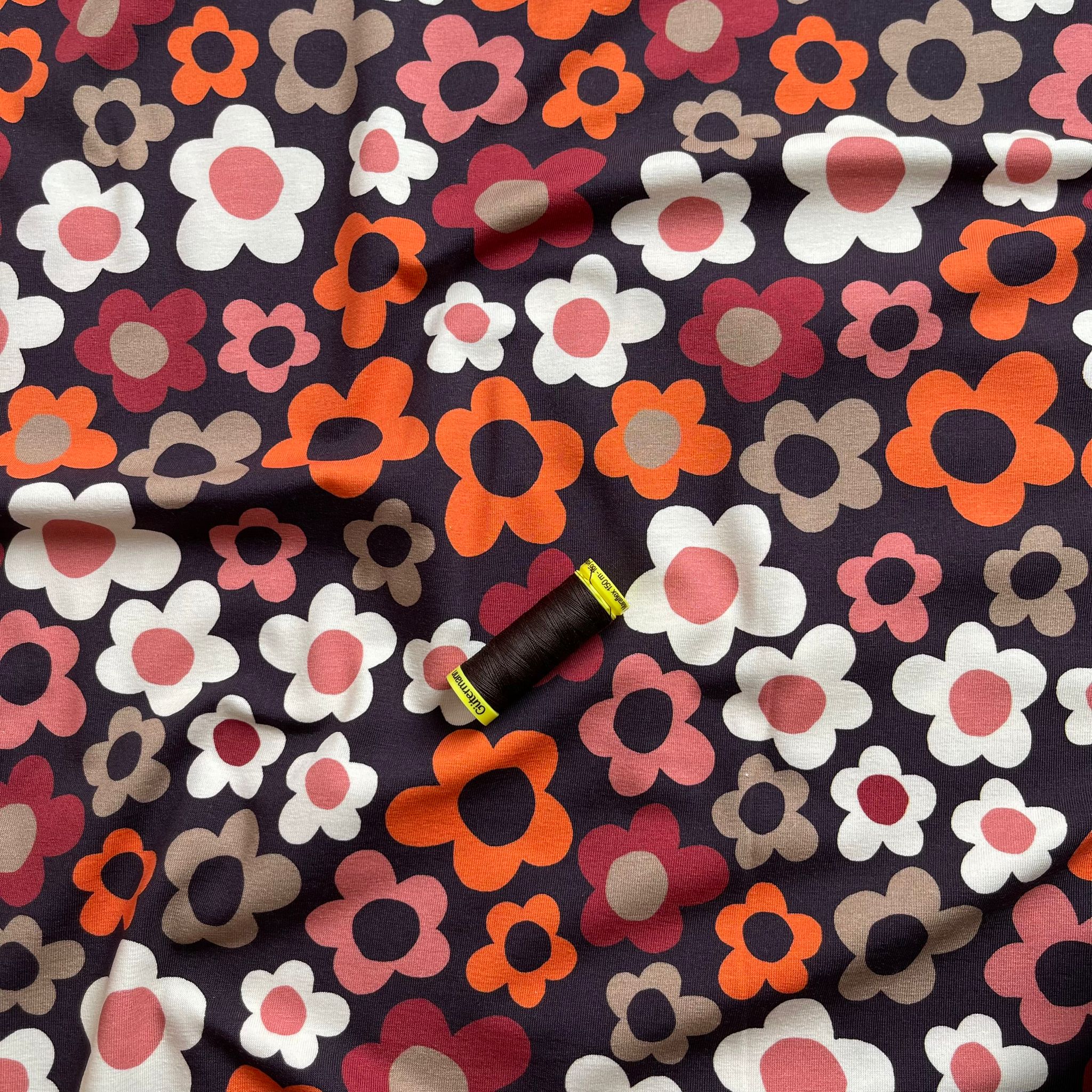 Danish Design - Pop Flowers on Brown Cotton Jersey Fabric