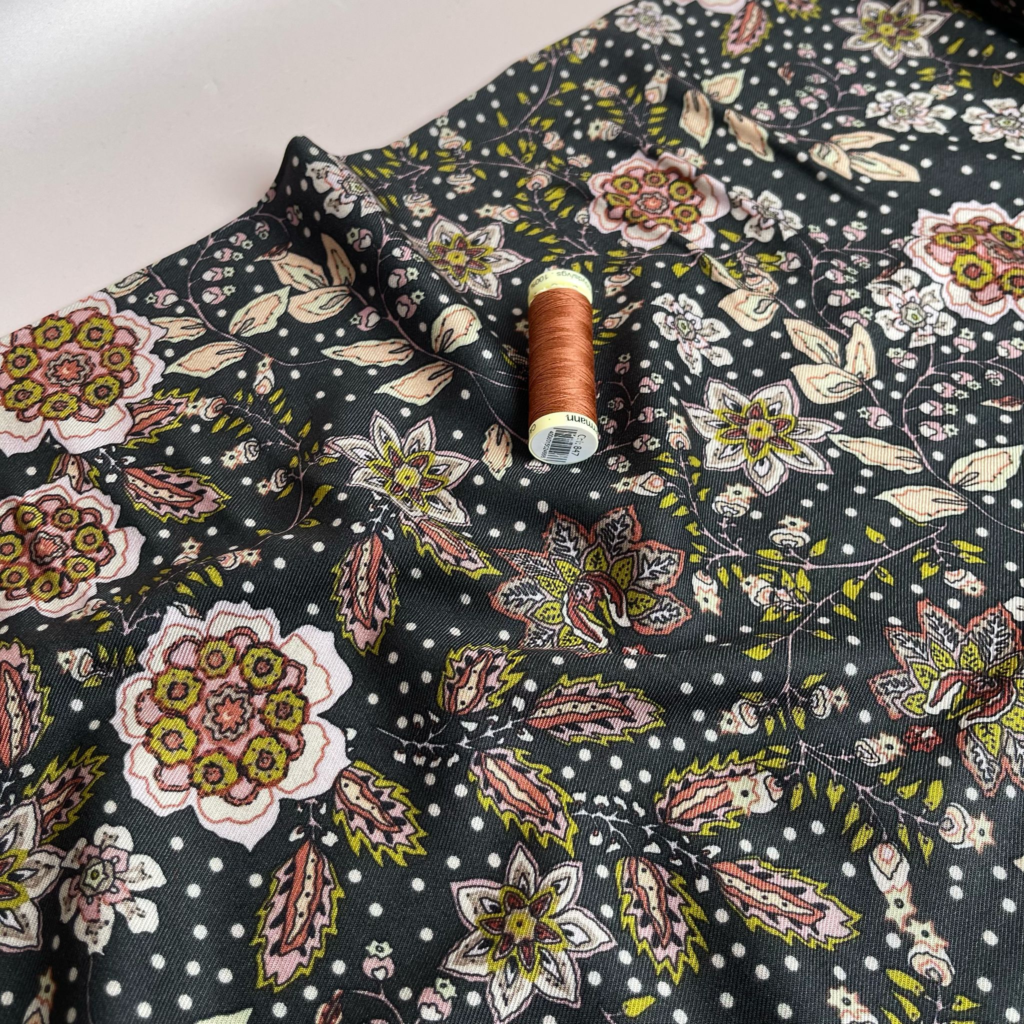 Autumn Paisley Flowers on Black Viscose Twill Fabric