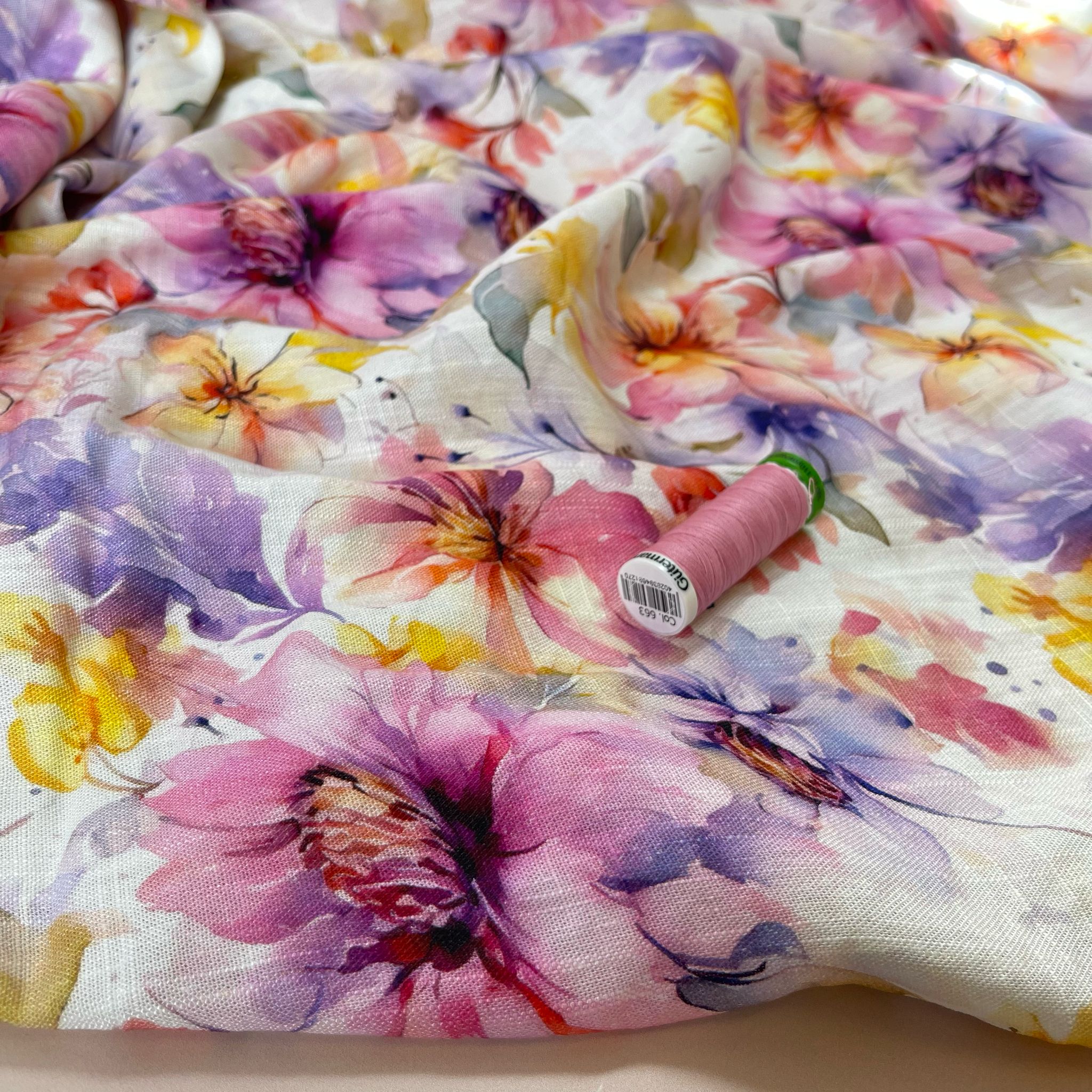 REMNANT 0.75 Metre - Watercolour Blooms Viscose Linen Fabric