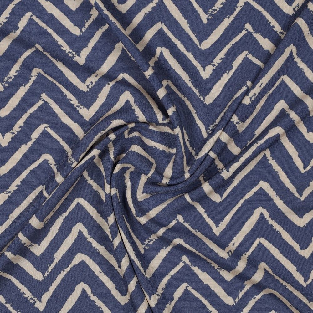 REMNANT 0.45 Metre - Denim Blue ZigZag Viscose Fabric