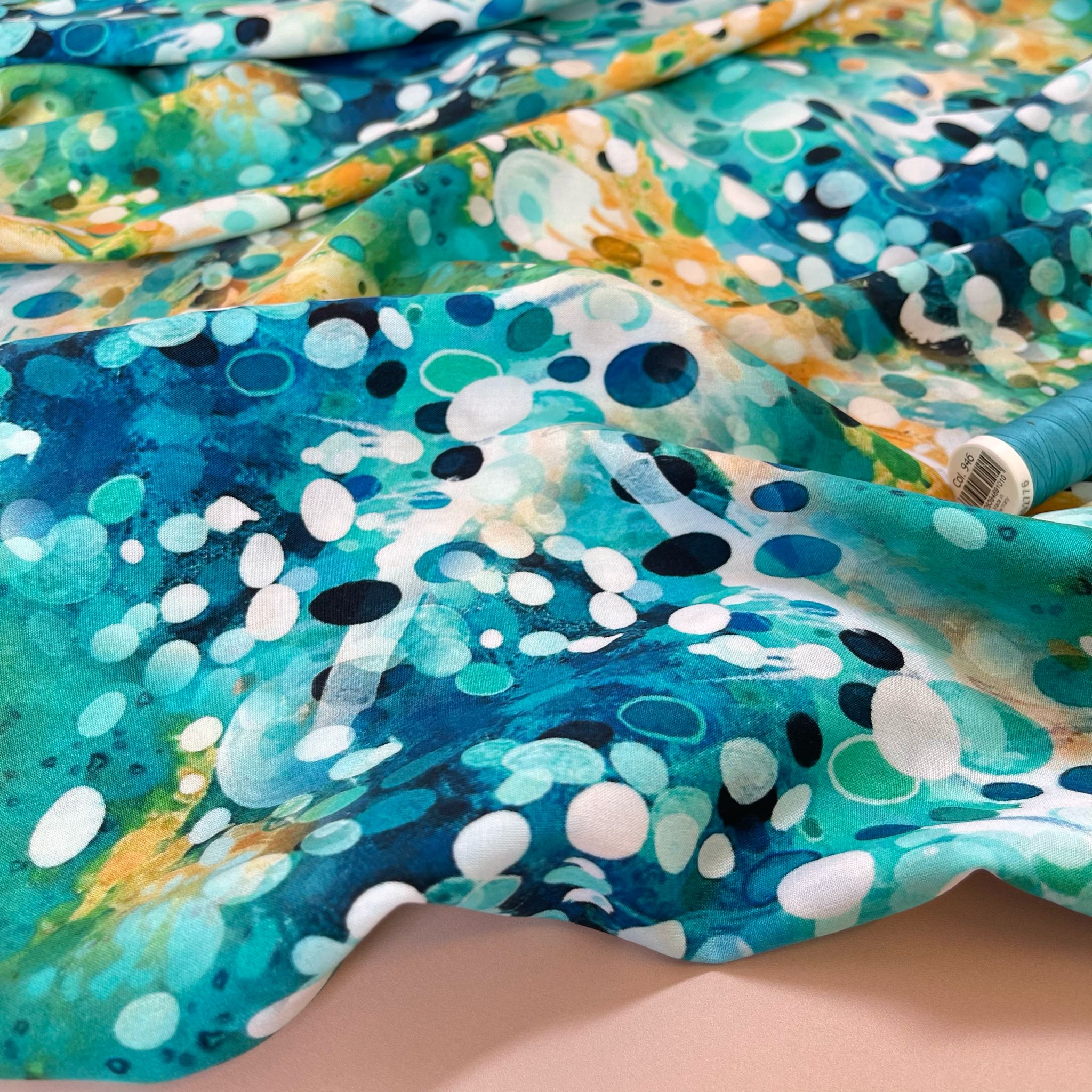 Ocean Watercolour Drops Viscose Poplin Fabric