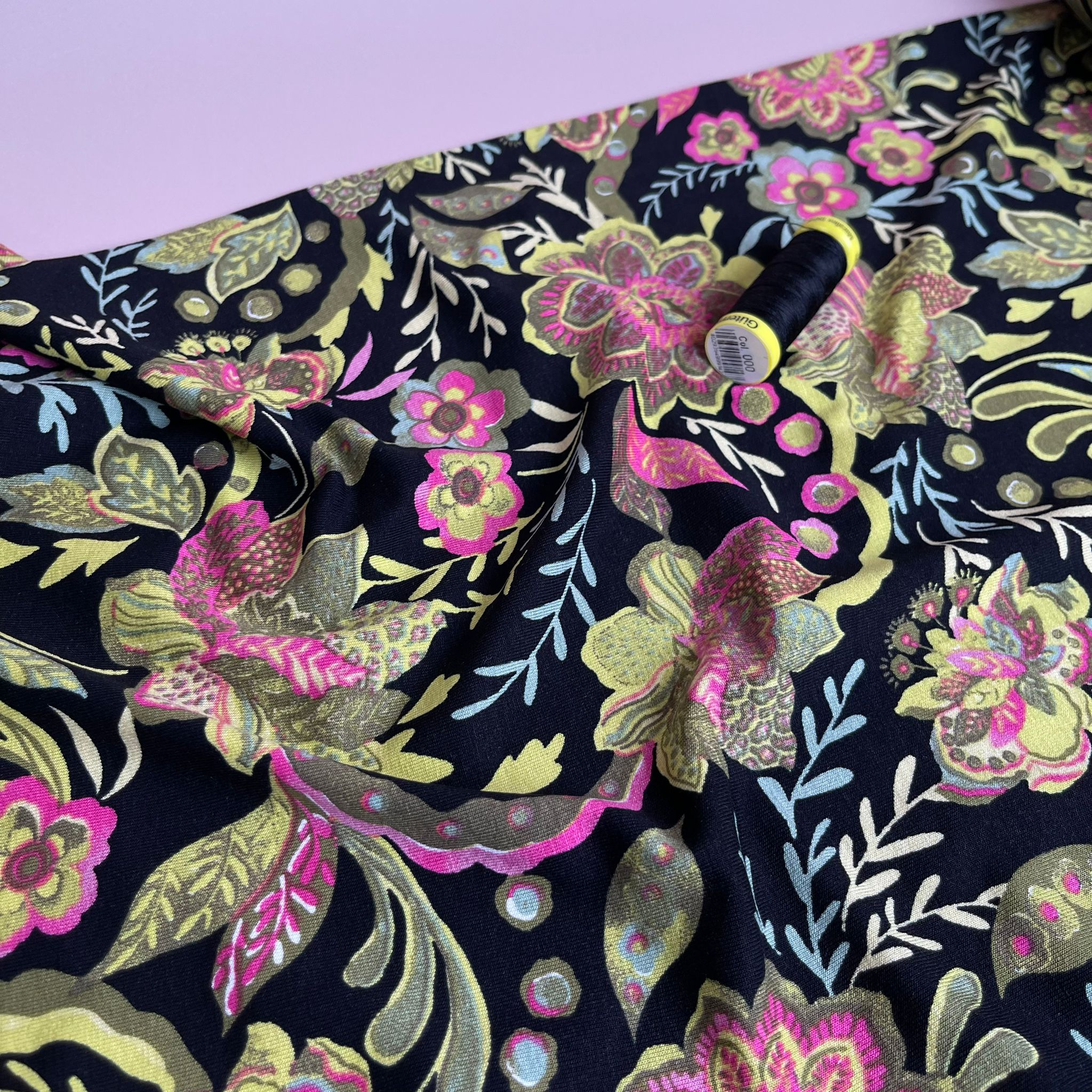 REMNANT 0.61 Metre - Ornate Flower in Lime and Pink De Luxe Viscose Jersey Fabric