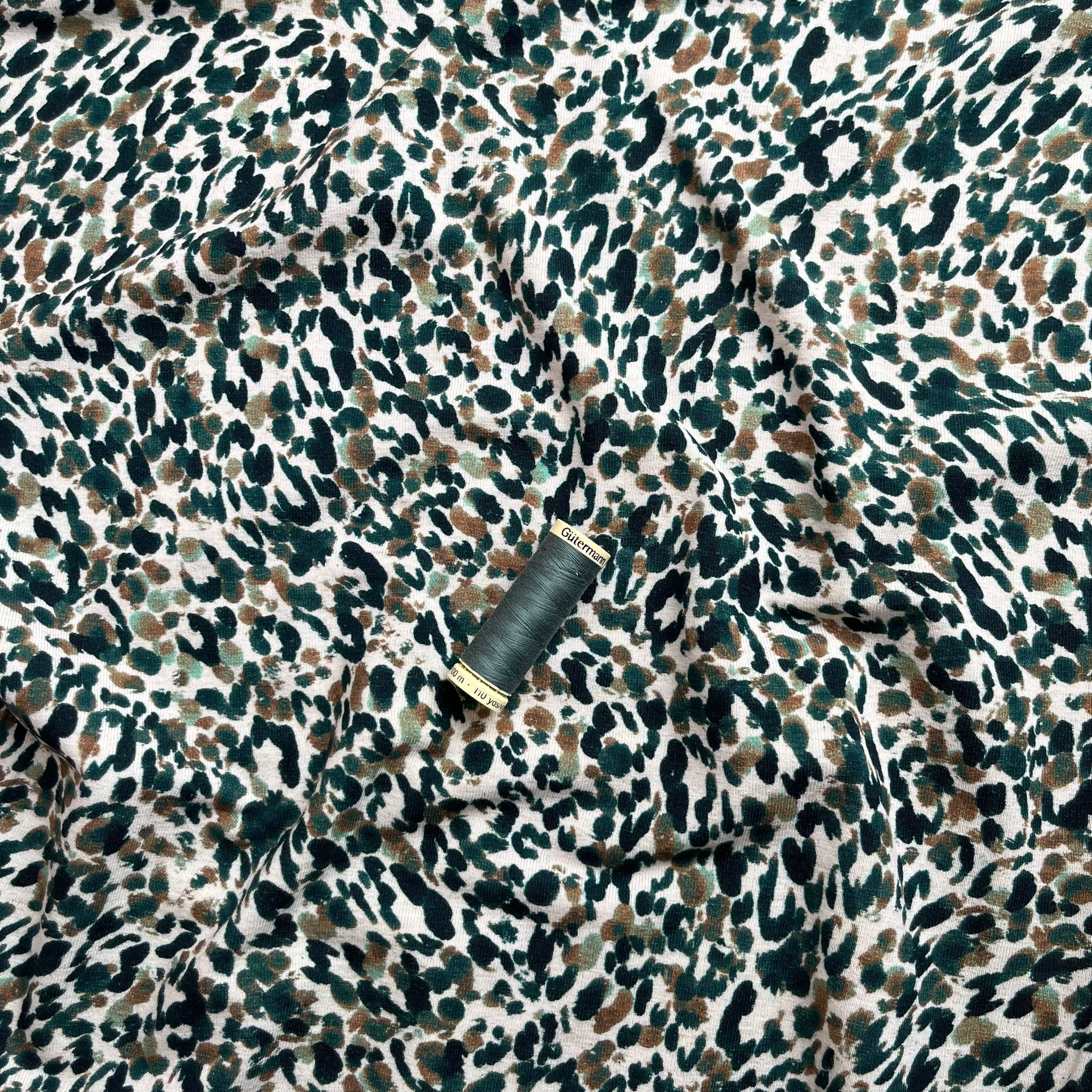 REMNANT 1.29 Metres - Green Leopard Linen Cotton Jersey