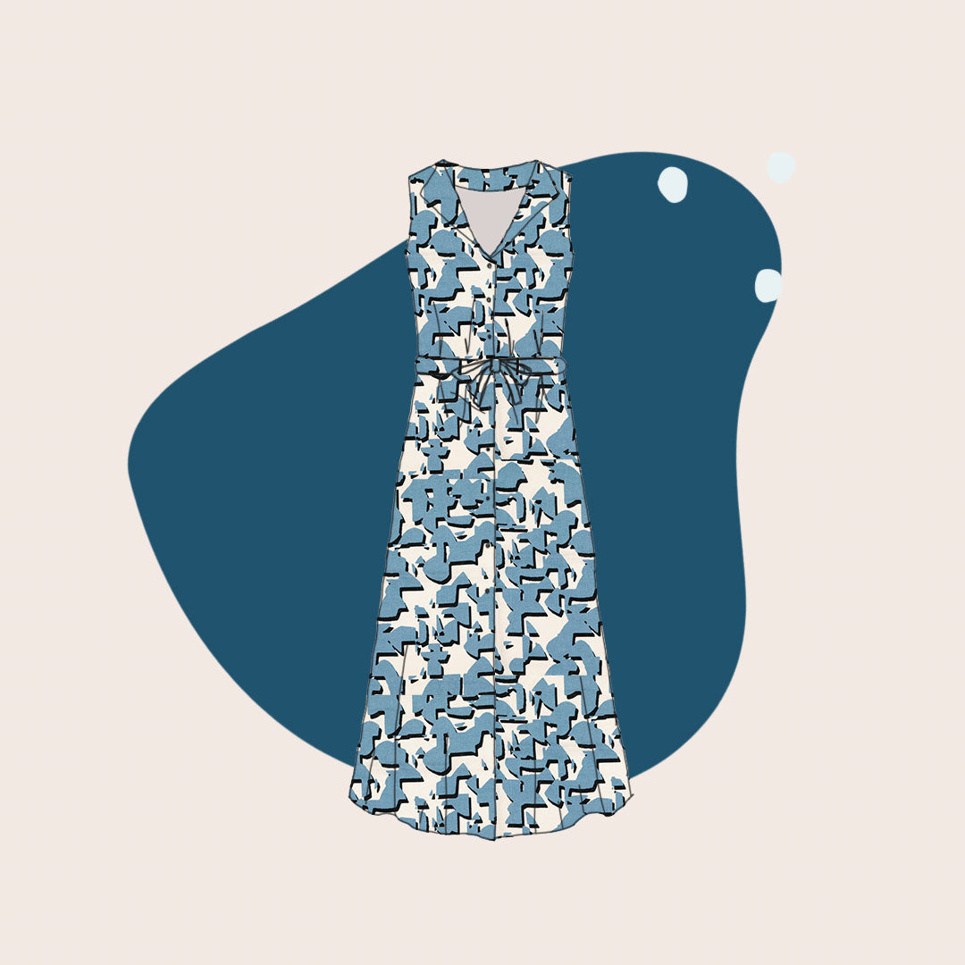 REMNANT 0.37 Metres (with faded patch) - Shapes Blue Linen Viscose Blend Fabric