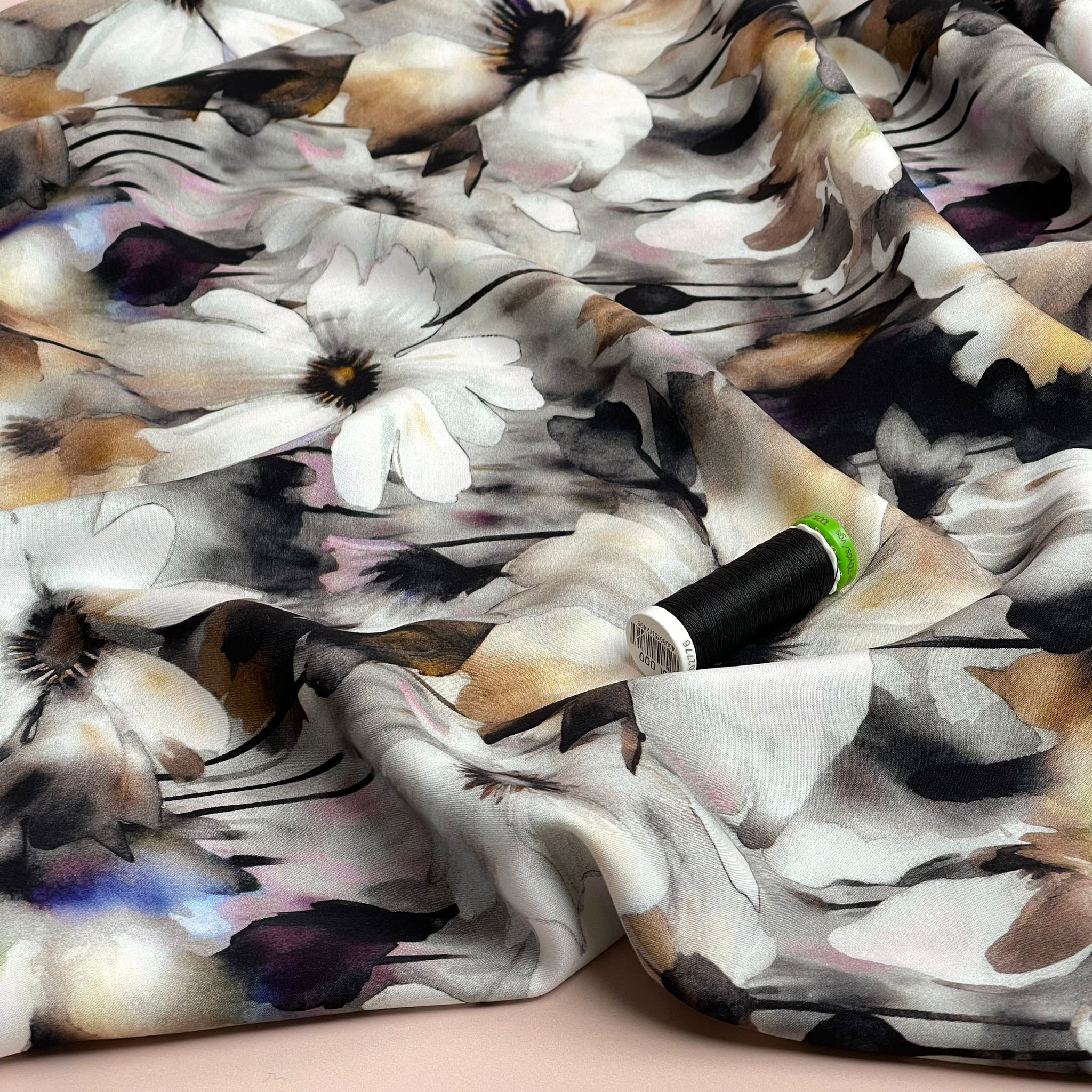 REMNANT 0.82 Metre - Neutral Flowers in Black and White Viscose Poplin Fabric