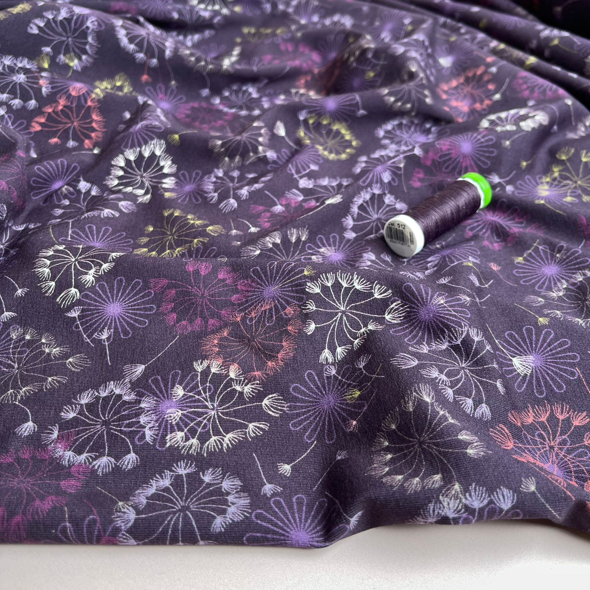 REMNANT 0.58 Metre - Danish Design - Dandelions on Purple Cotton Jersey Fabric