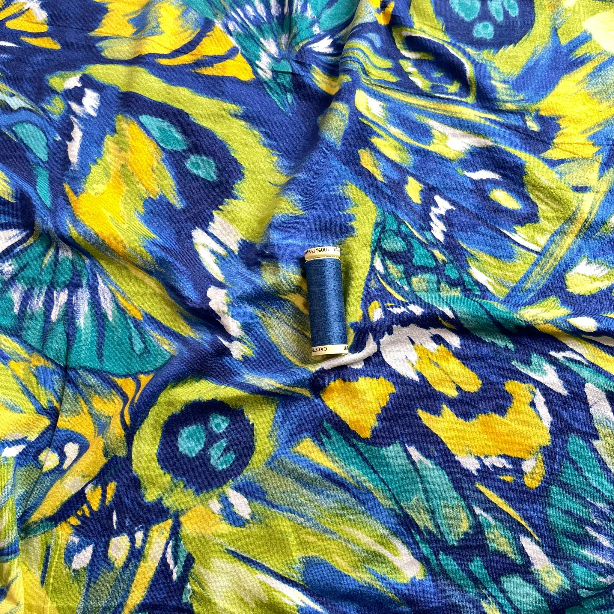 Butterfly Wings in Blue and Yellow Viscose Jersey Fabric