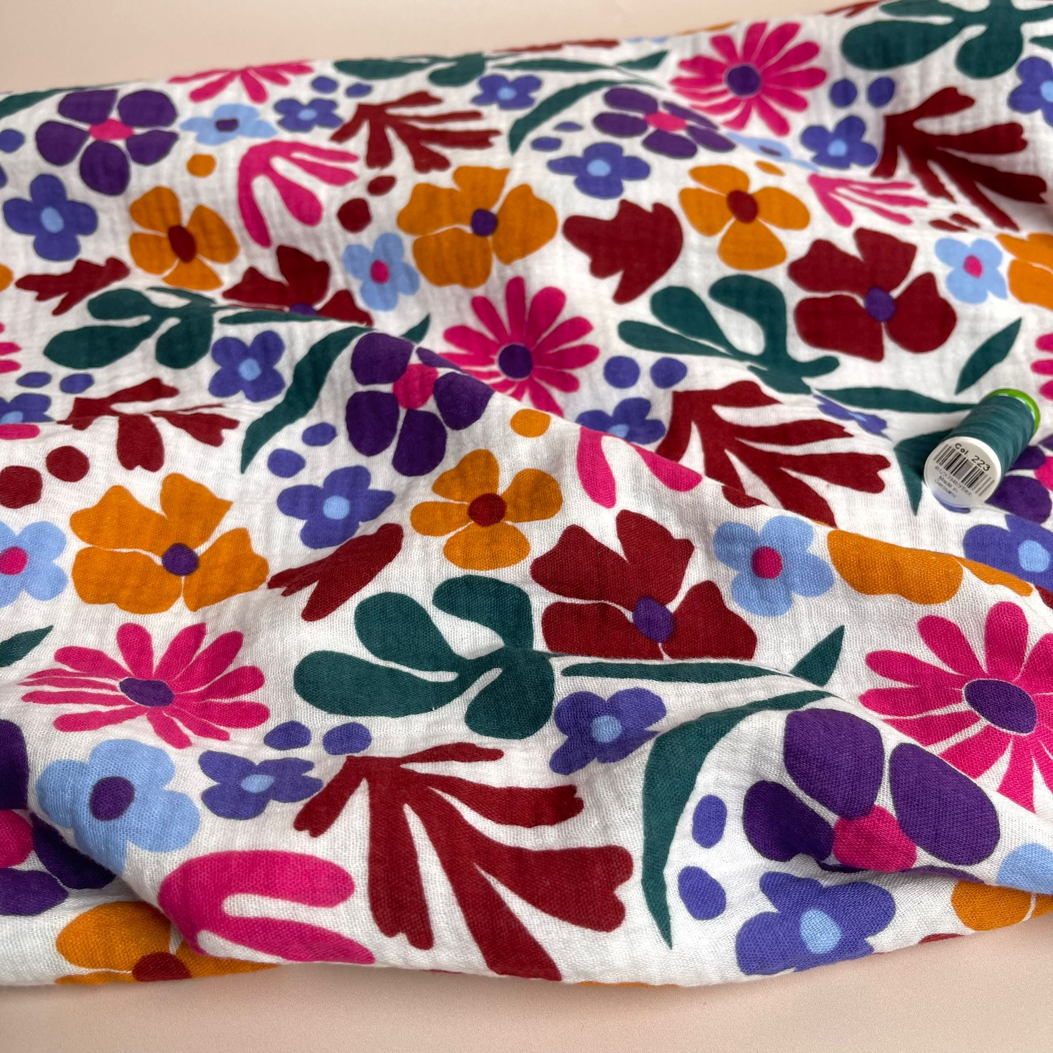 Joyful Flowers on White Cotton Double Gauze