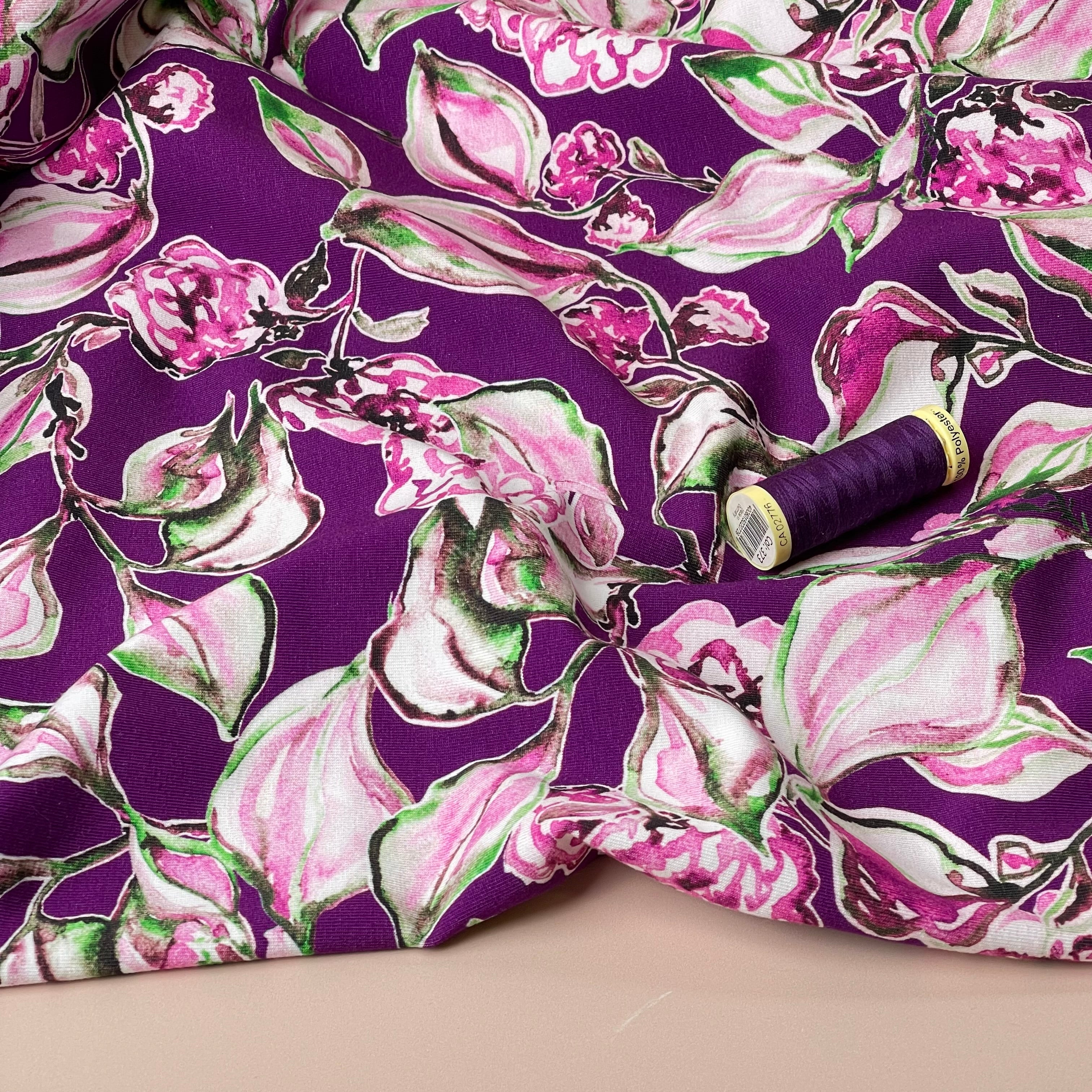 Danish Design - Painterly Flowers on Purple Cotton Jersey Fabric