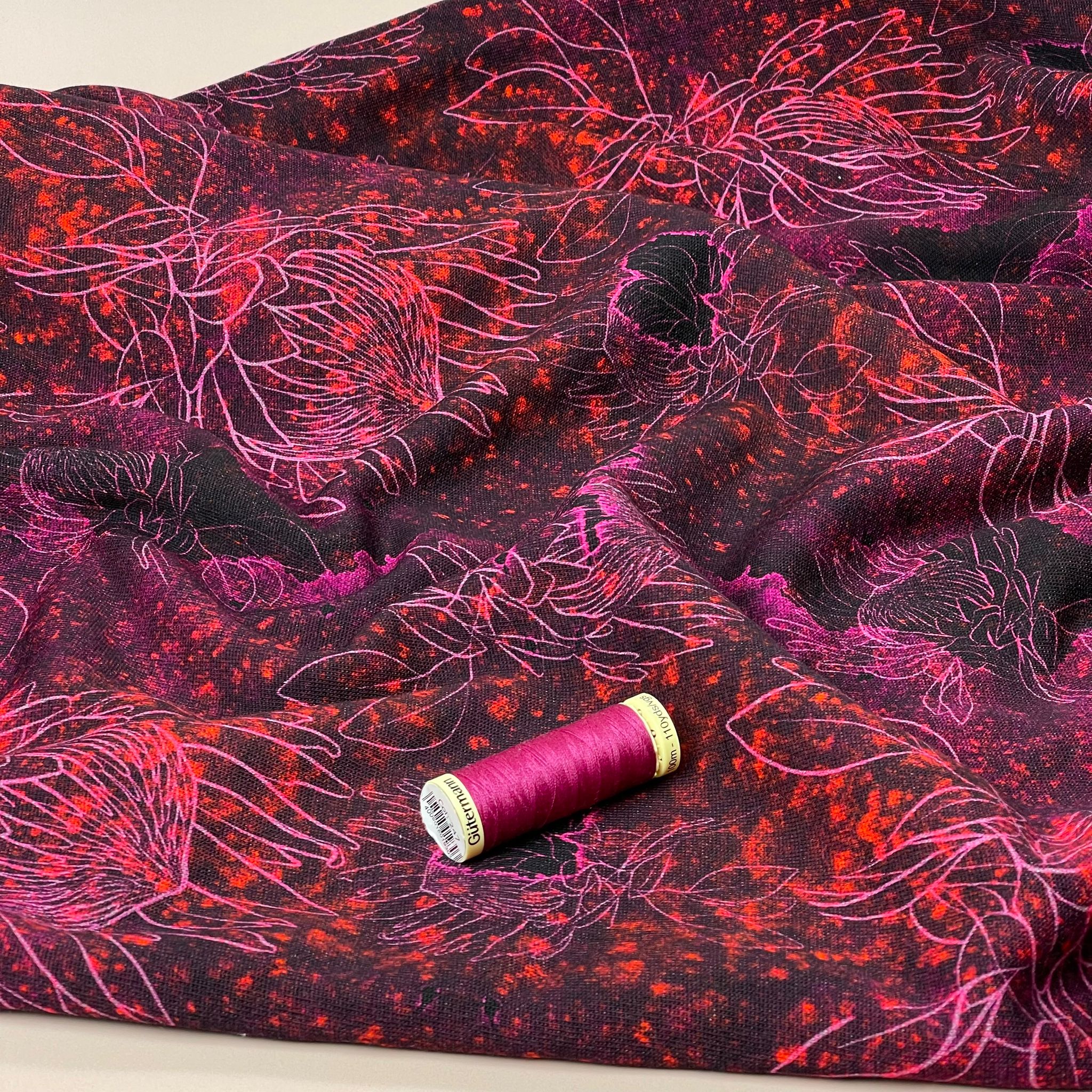 Pink Blooms on Burgundy Pure Cotton French Terry