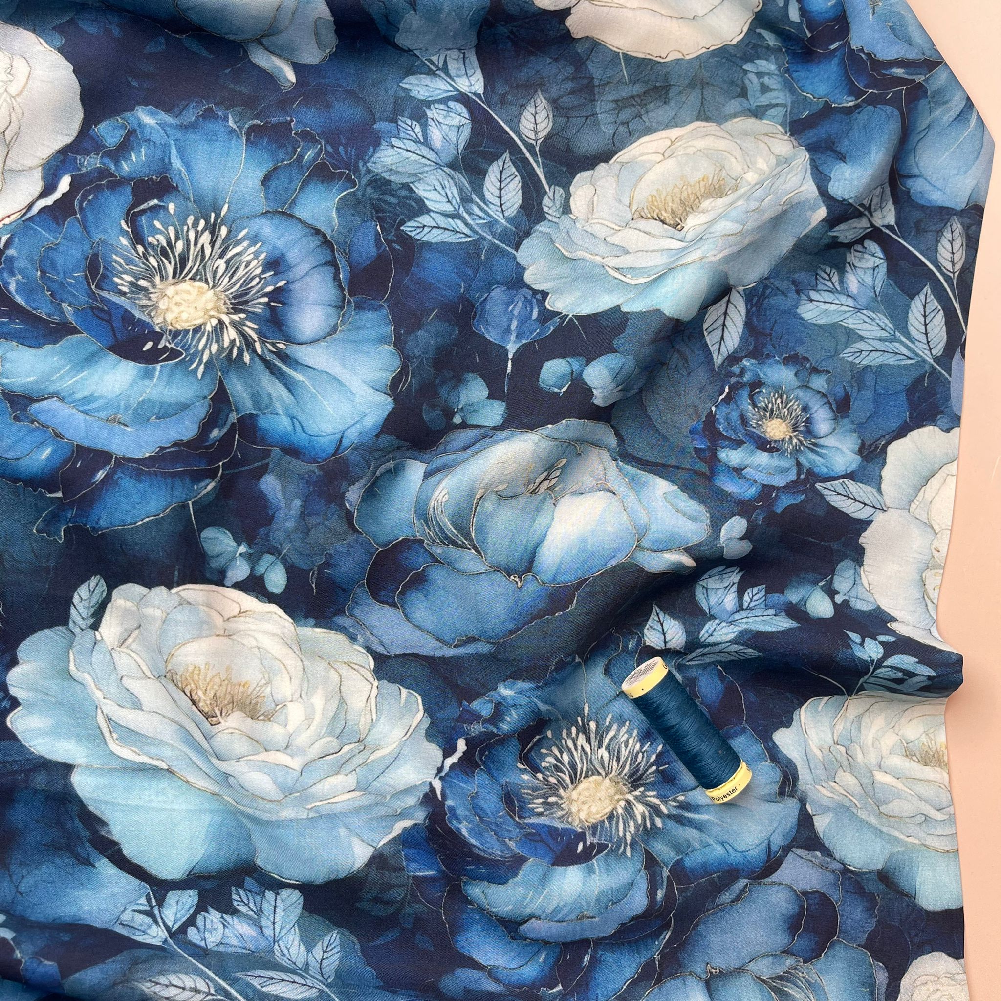 Peony Blooms on Blue Viscose Fabric
