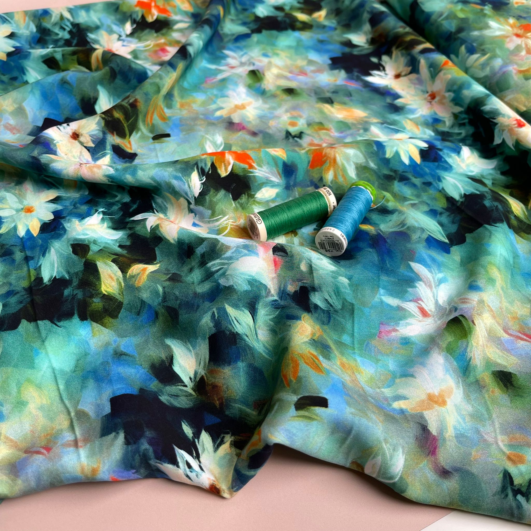 Watercolour Florals Teal Viscose Poplin Fabric