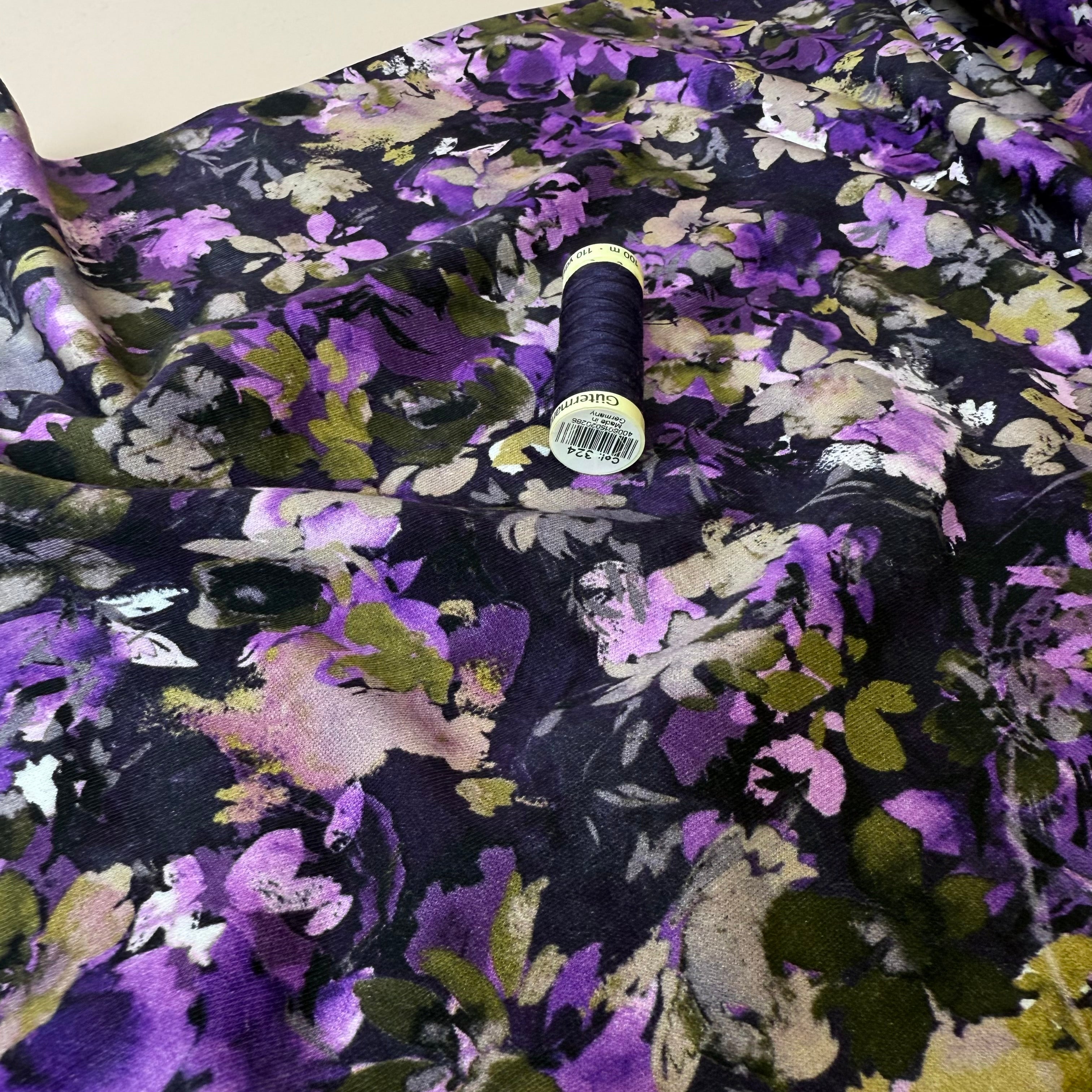 Autumn Flowers Deep Purple Soft Cotton Sweat-shirting Fabric