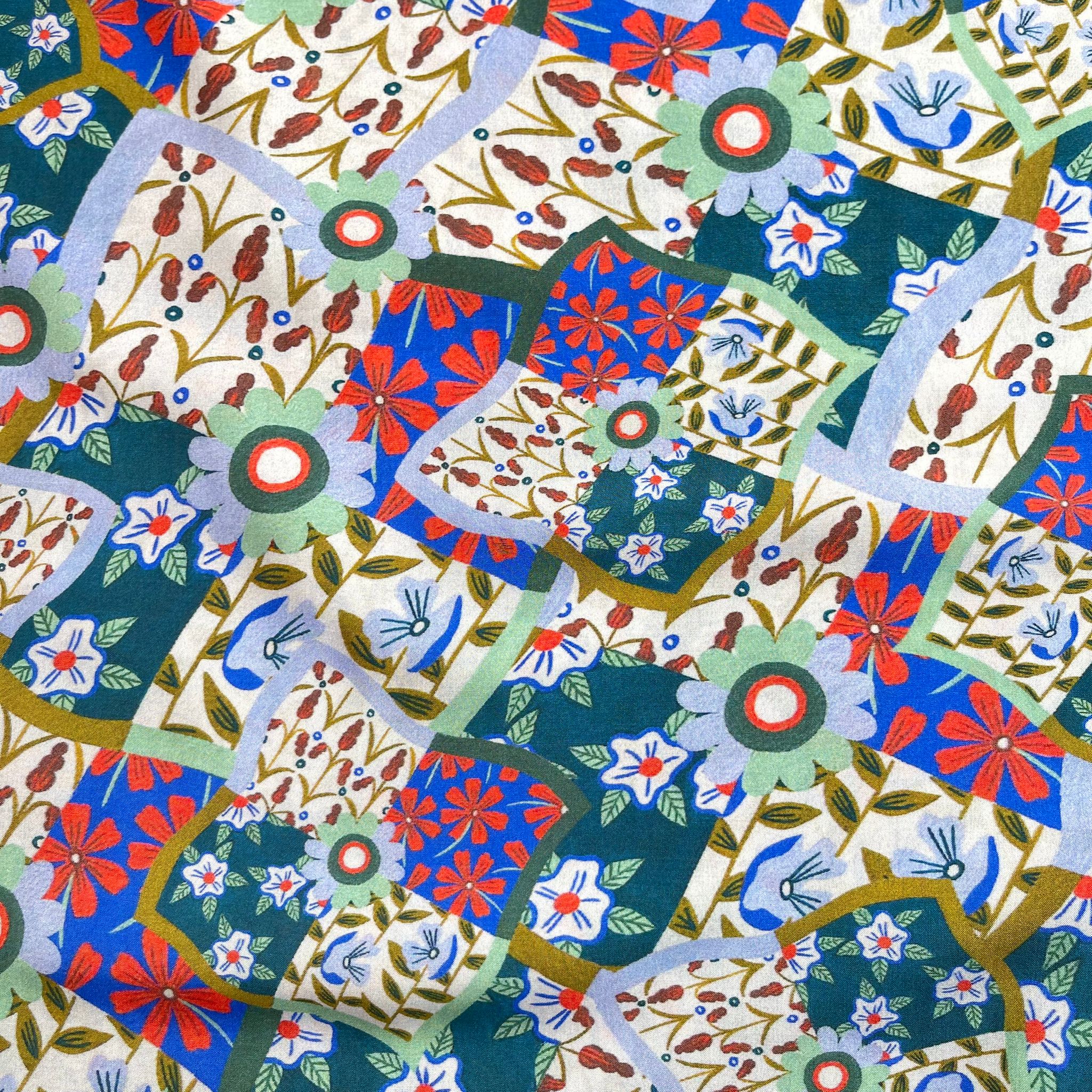 Floral Patchwork Print in Blue and Red Viscose Fabric