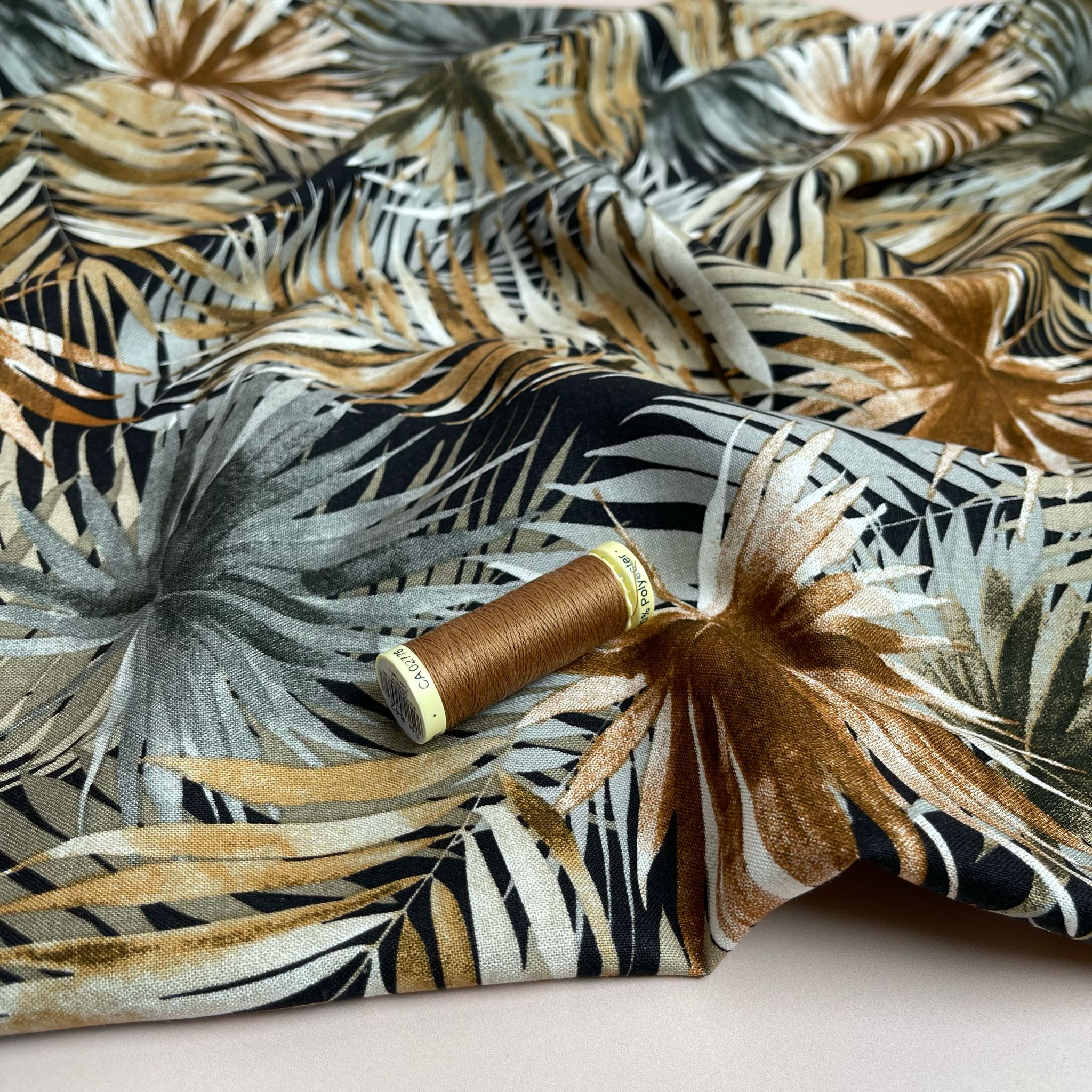 REMNANT 3.09 Metres - Tropical Fan Leaves in Brown Viscose Linen Blend Fabric