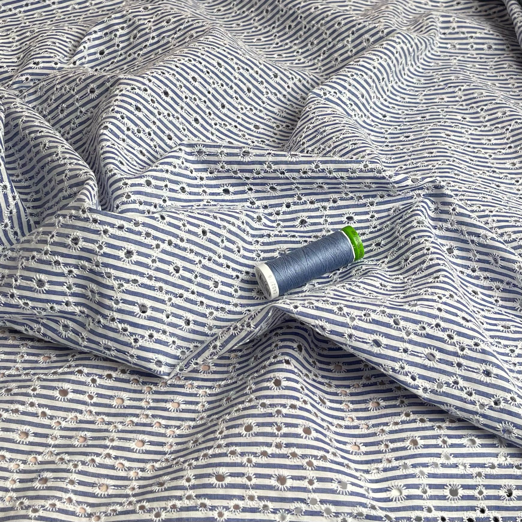 Blue Striped Broderie Anglaise Cotton Fabric