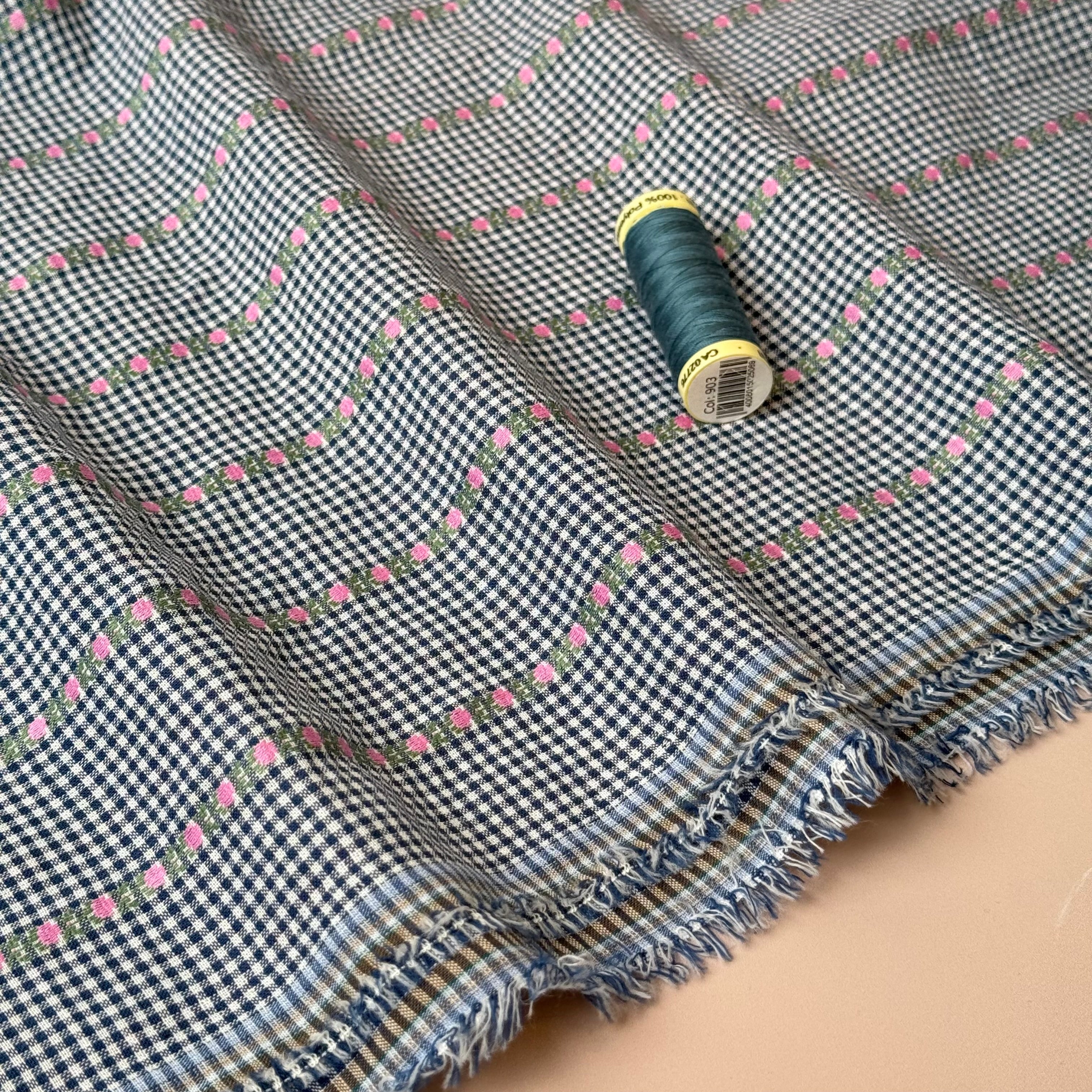 Tulips on Navy Gingham Yarn Dyed Cotton Jacquard