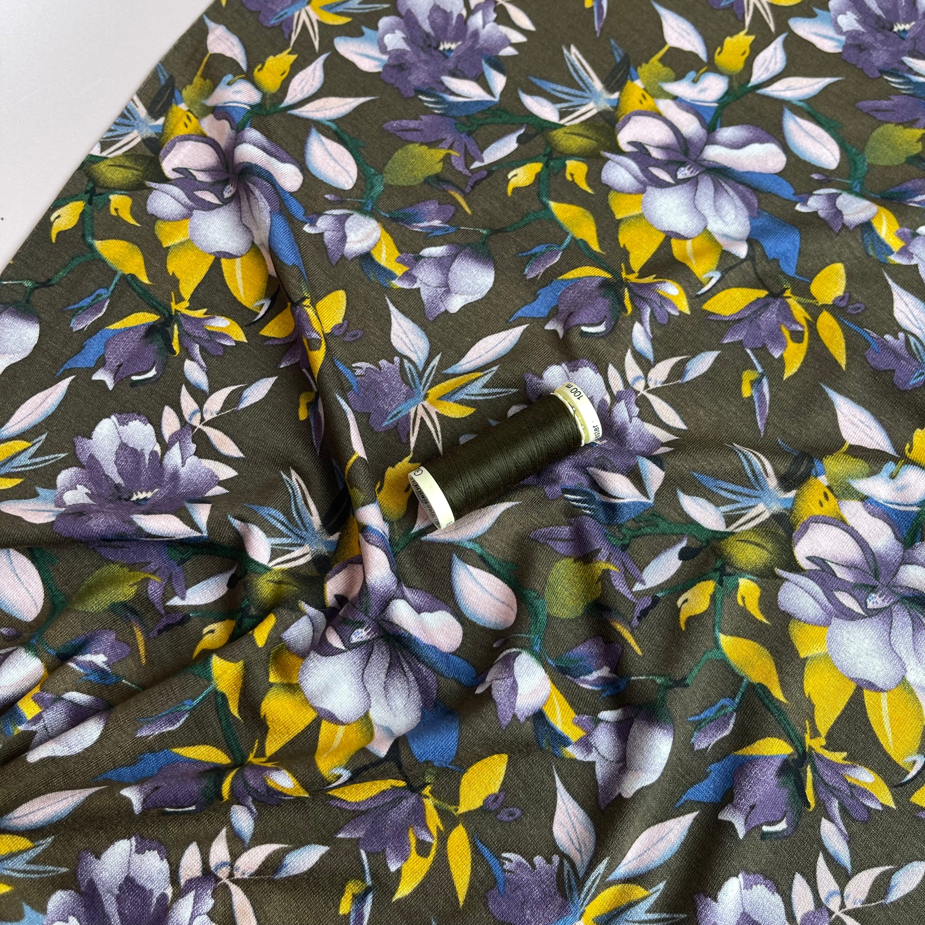REMNANT 1.2 Metres - Purple Bouquet on Olive Viscose Jersey Fabric