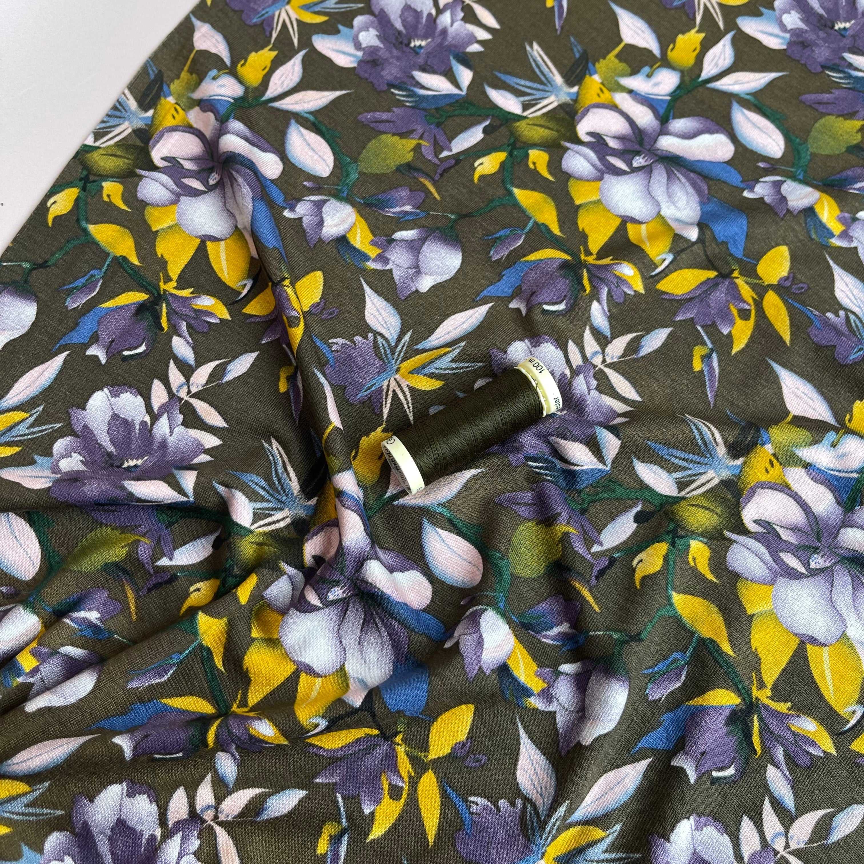 Purple Bouquet on Olive Viscose Jersey Fabric