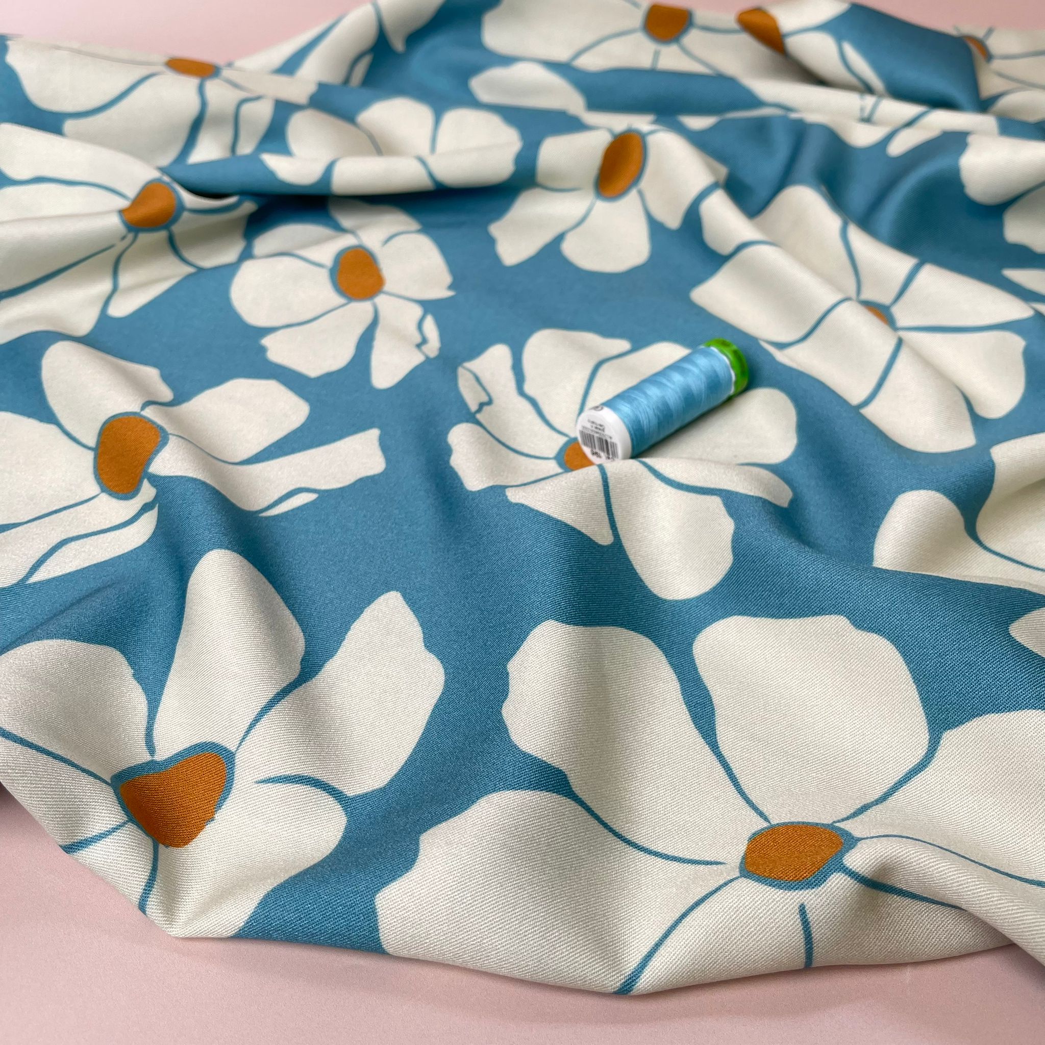 REMNANT 2.34 Metres - Light & Lush - Bold White Blooms on Blue Viscose Twill Fabric