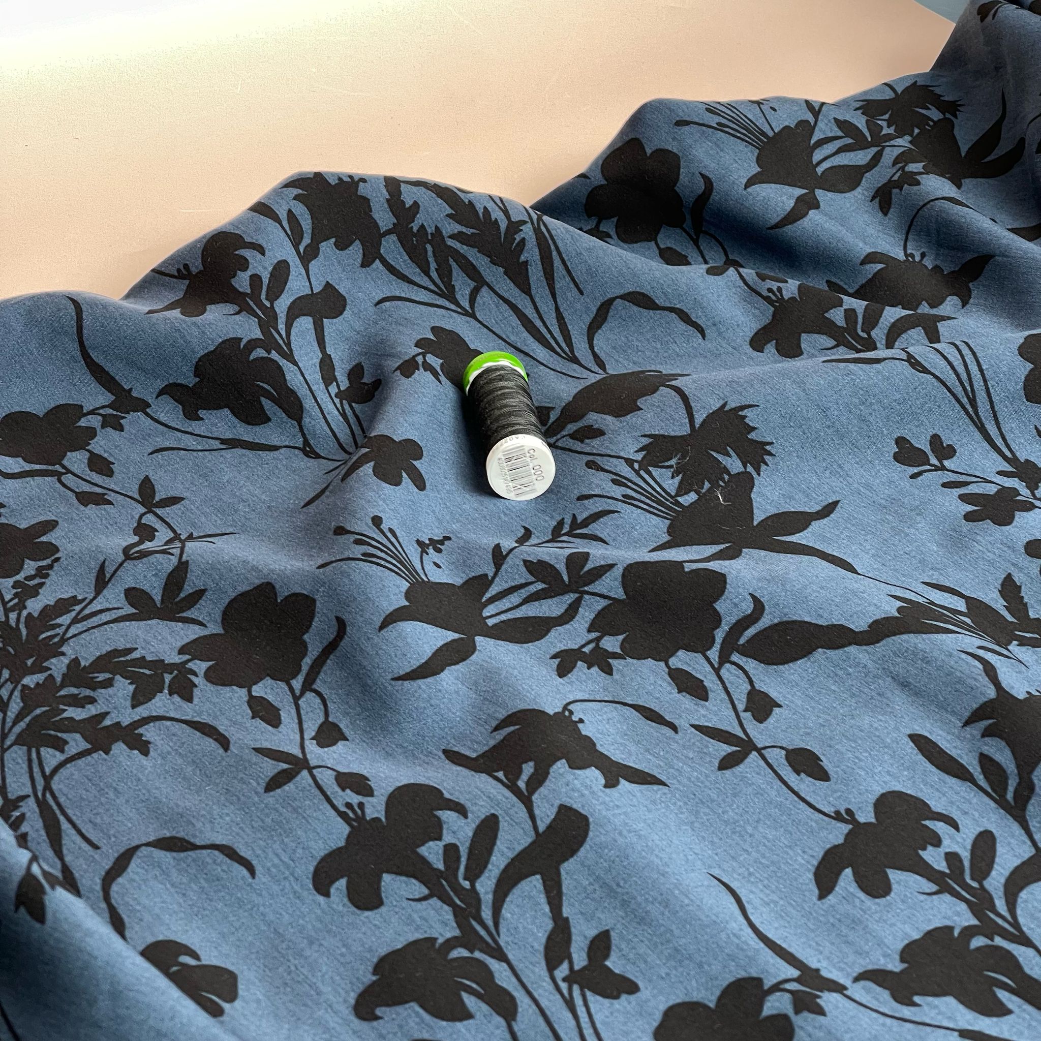 REMNANT 0.8 metres (some washable marks) Floral Shadows on Midnight Blue Viscose Fabric