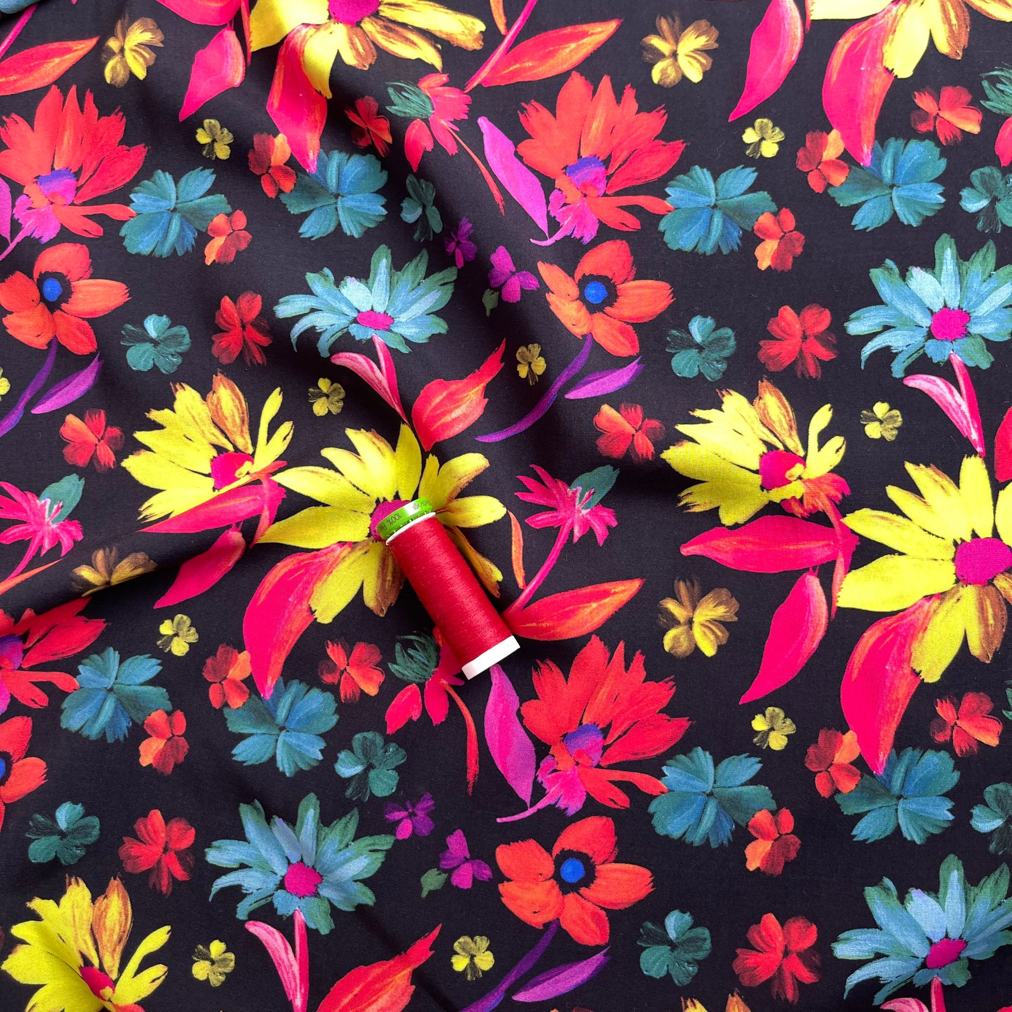 Dopamine Flowers on Black Viscose Fabric