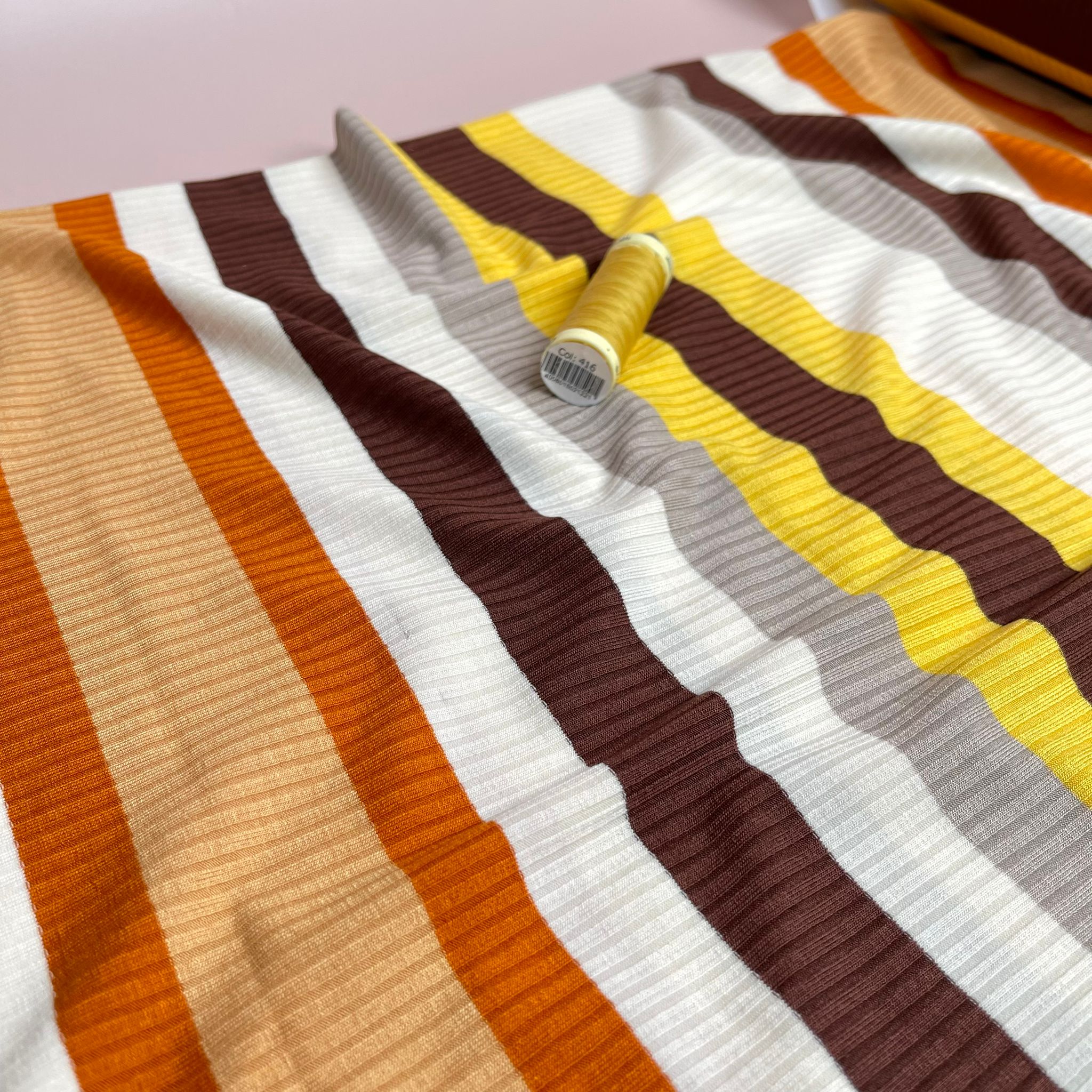 REMNANT 0.3 Metre - Yarn Dyed Golden Autumn Striped Cotton Ribbed Jersey