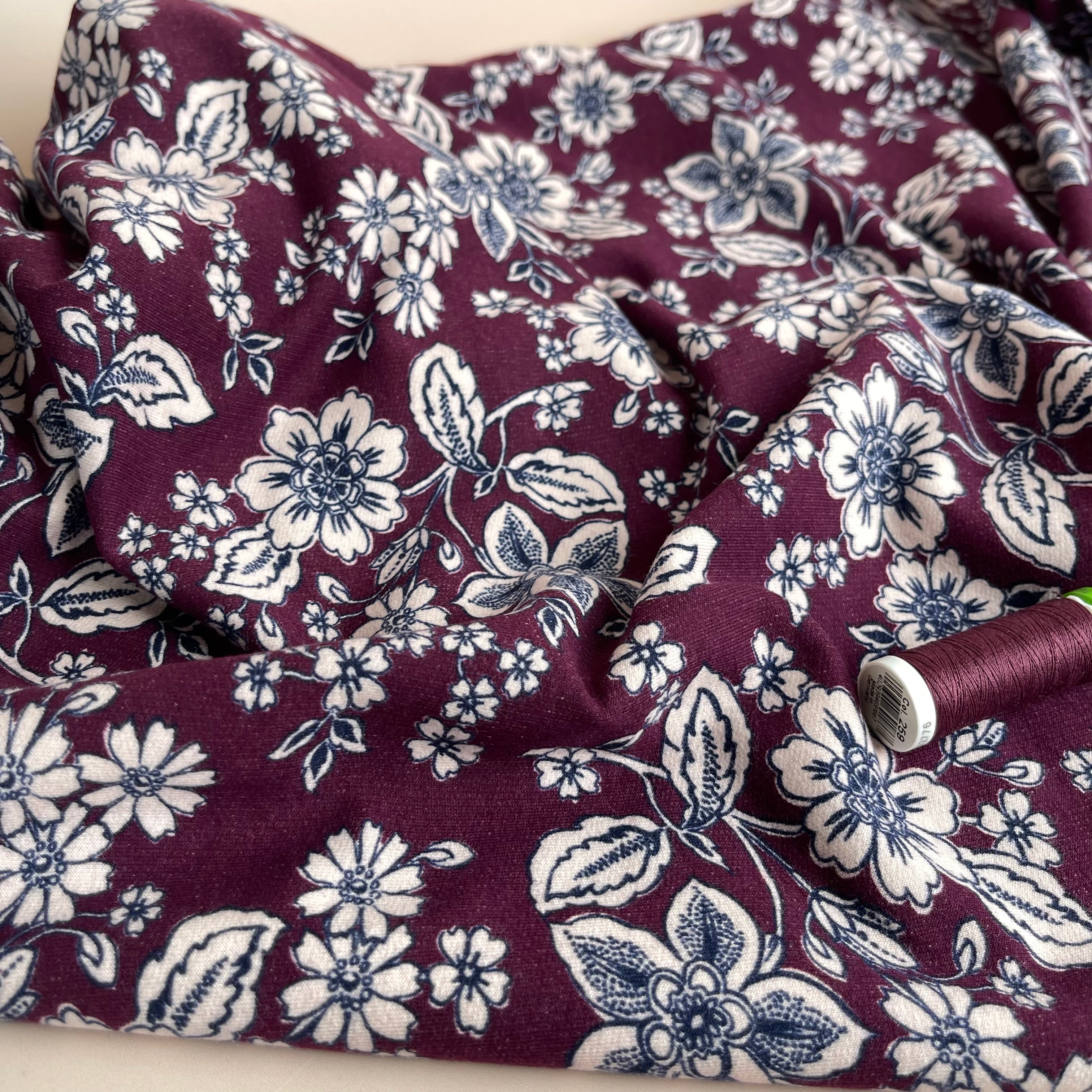 REMNANT 0.47 Metre - Line Flowers Berry Peach Soft Cotton Sweat-shirting Fabric