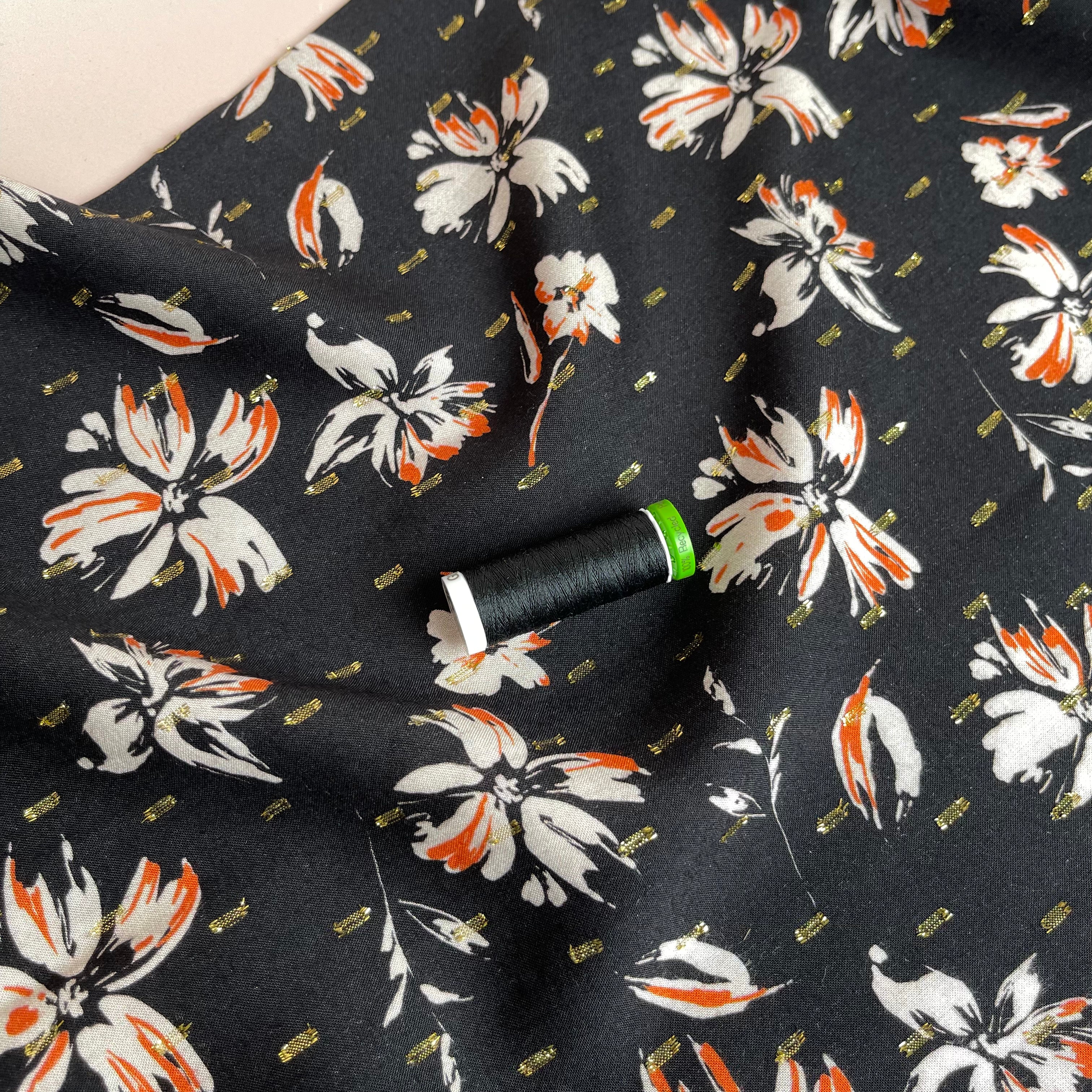 Flowers on Black with Lurex Viscose Fabric
