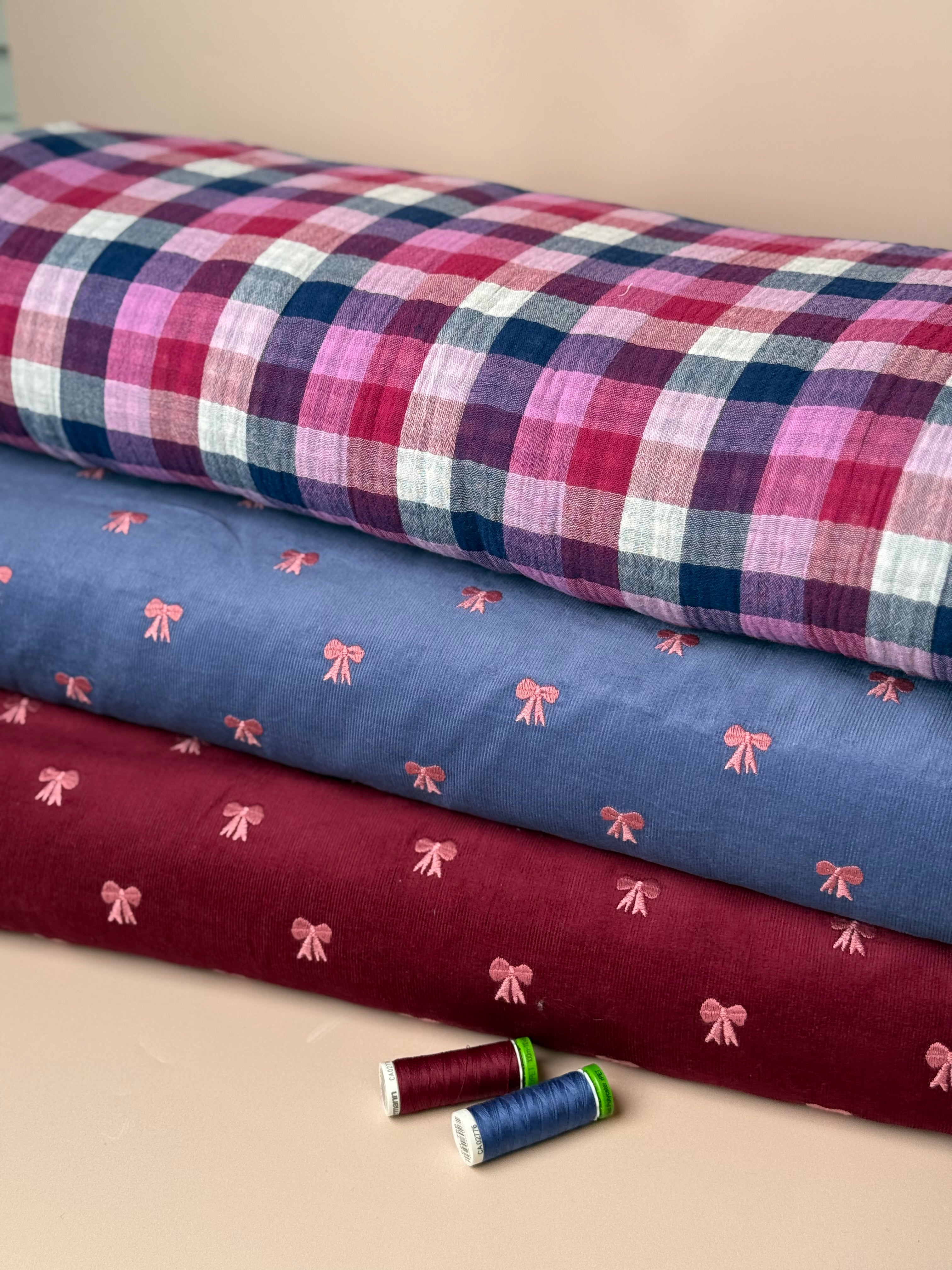 REMNANT 2.34 Metres - Embroidered Bows on Bordeaux Cotton Needlecord