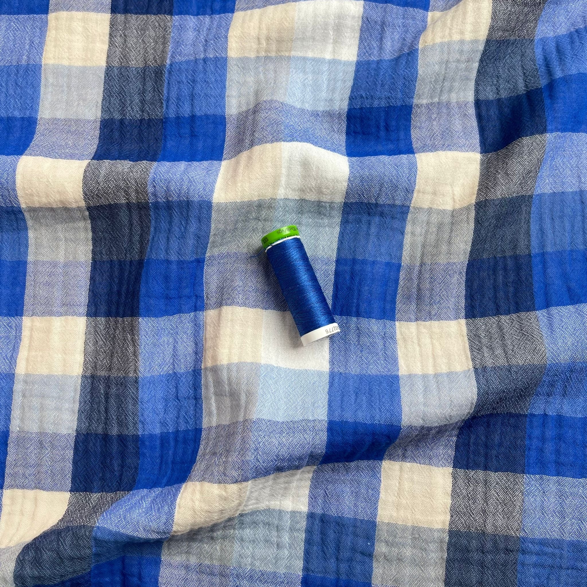 Checked Cobalt Cotton Double Gauze
