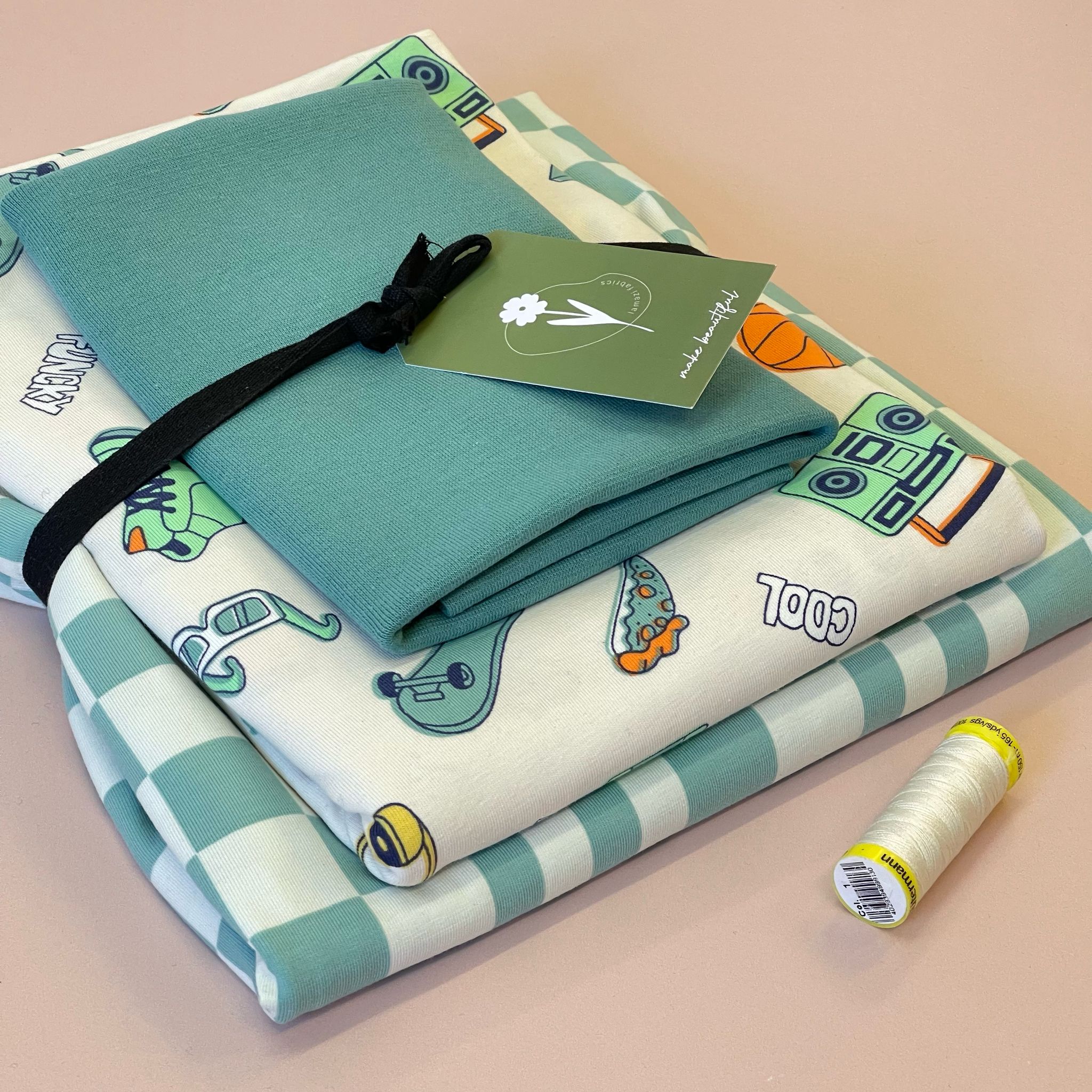 Checkers in Mint and White Cotton Jersey Fabric