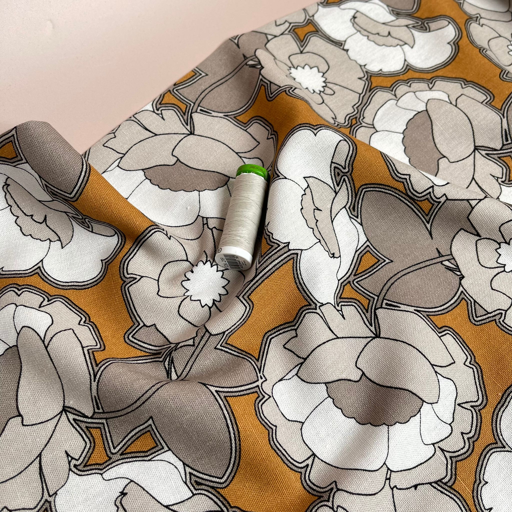 Bold Flowers on Golden Beige Linen Viscose Blend Fabric