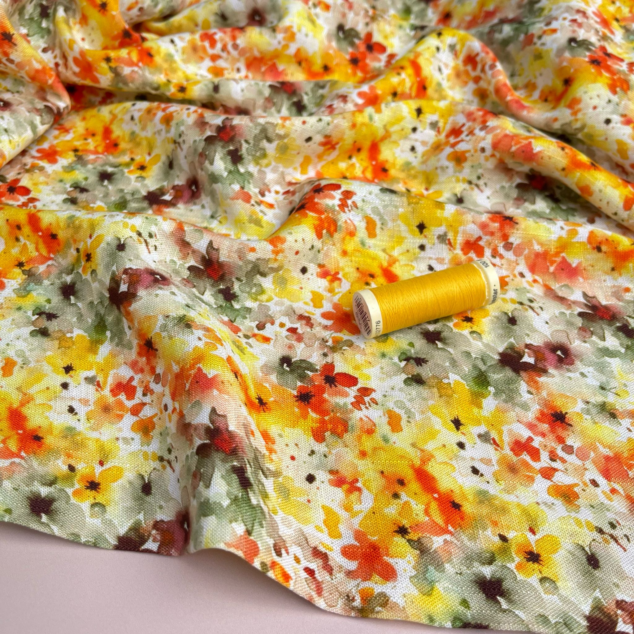 Golden Sunset Meadow Viscose Linen Fabric
